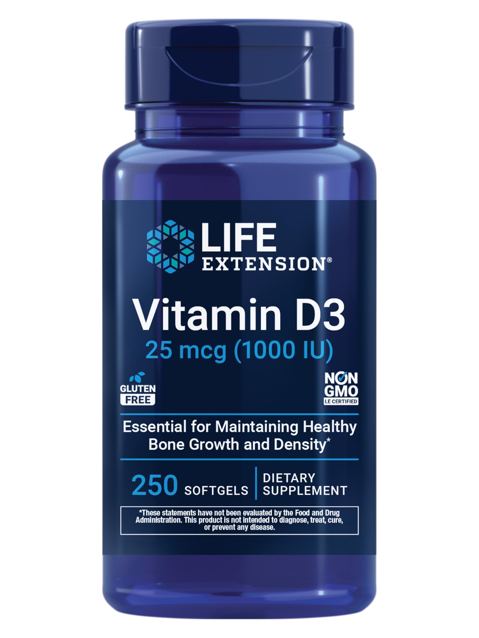 Life Extension Vitamin D3 25 mcg (1000 IU), Immune System Support, Bone Health, Whole-Body Health, Value Size, Gluten-Free, Non-GMO, 250 softgels