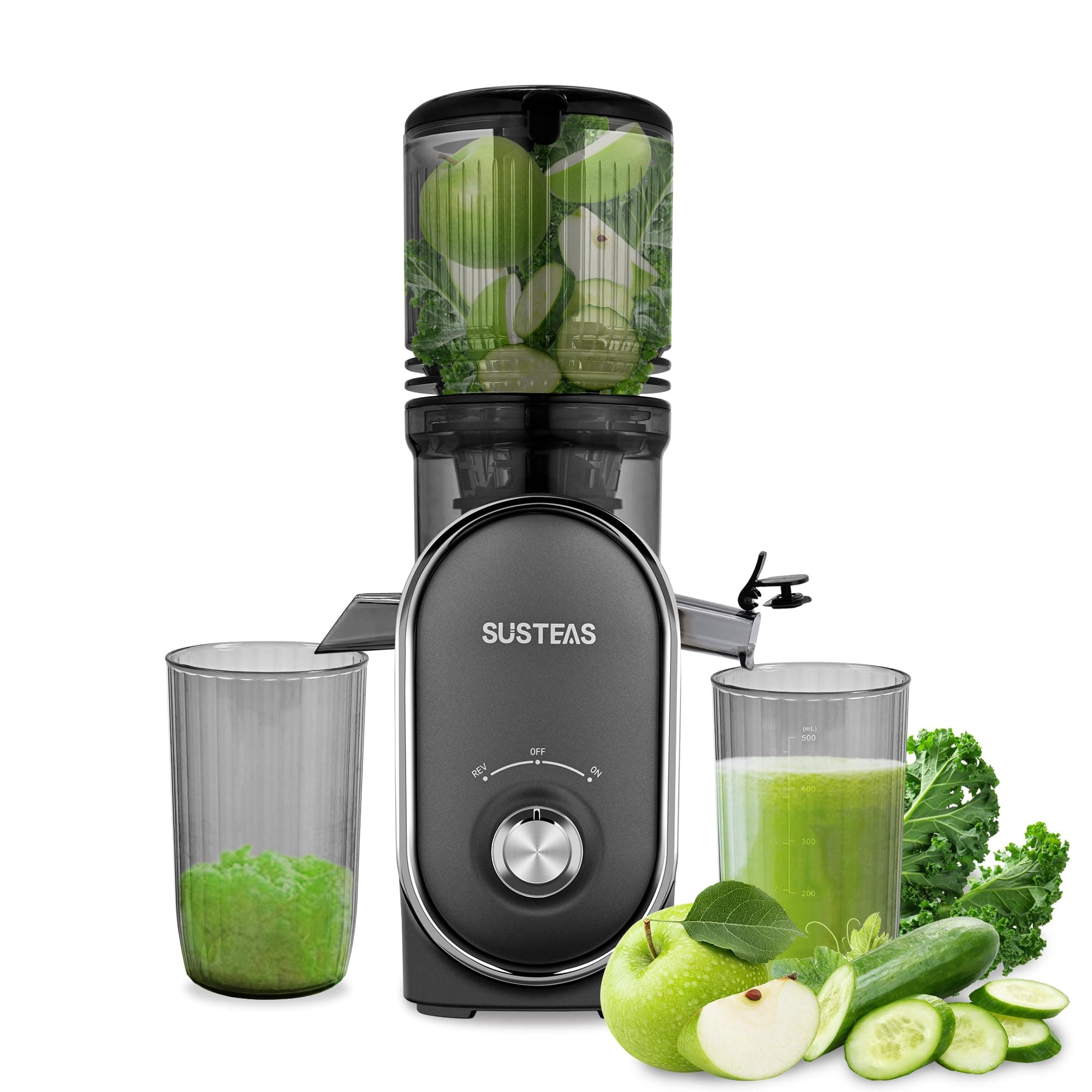 SUSTEAS Cold Press Juicer, 5.3" Feed Channel (50oz Capacity), 300 Watt Slow Chew Juice Extractor for Whole Fruits and Vegetables, Feeding
