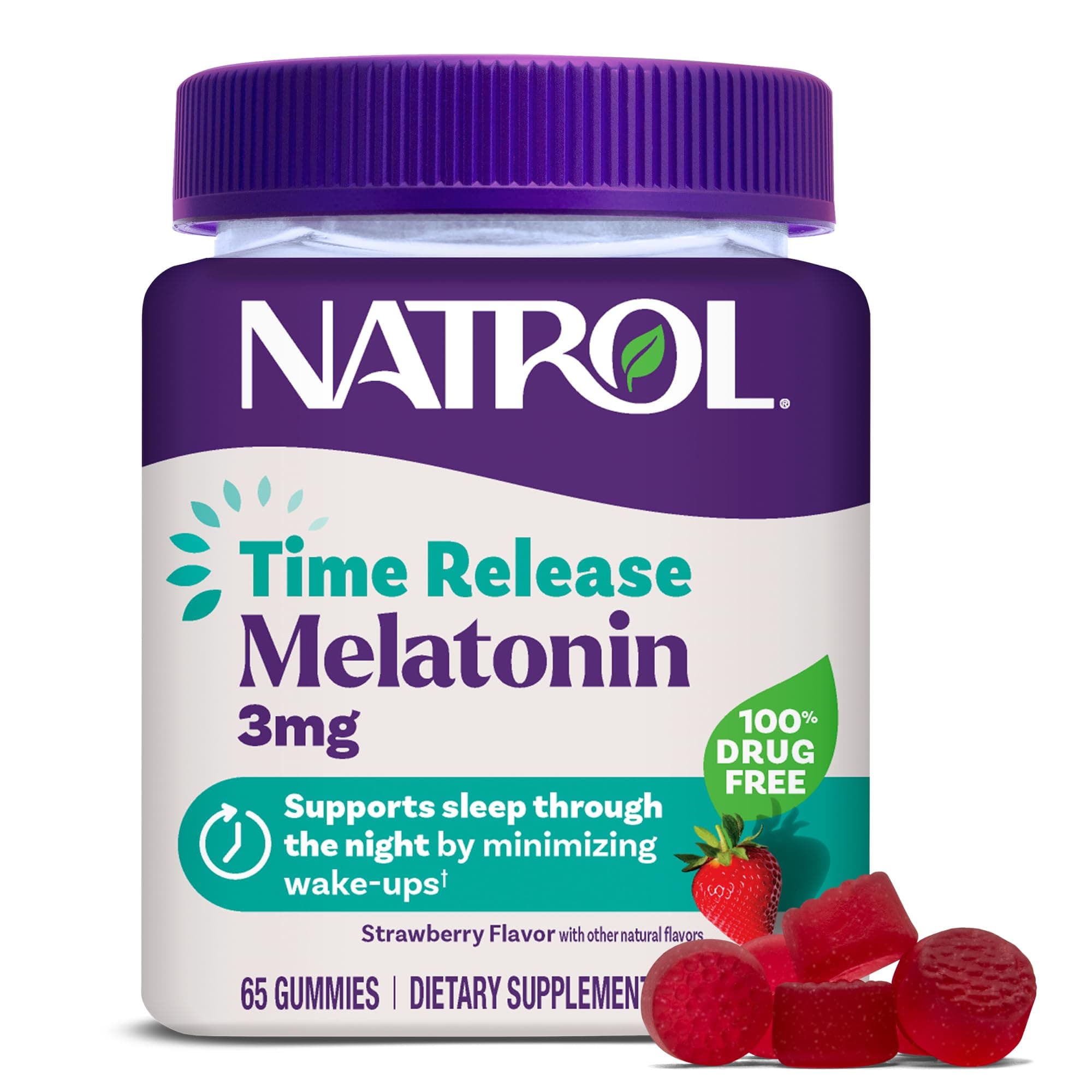 Time Release Melatonin Gummies, Sleep Support for Adults, 3 mg Melatonin Supplements for Sleep Support, 65 Strawberry-Flavored Gummies, Up to a 65 Day Supply