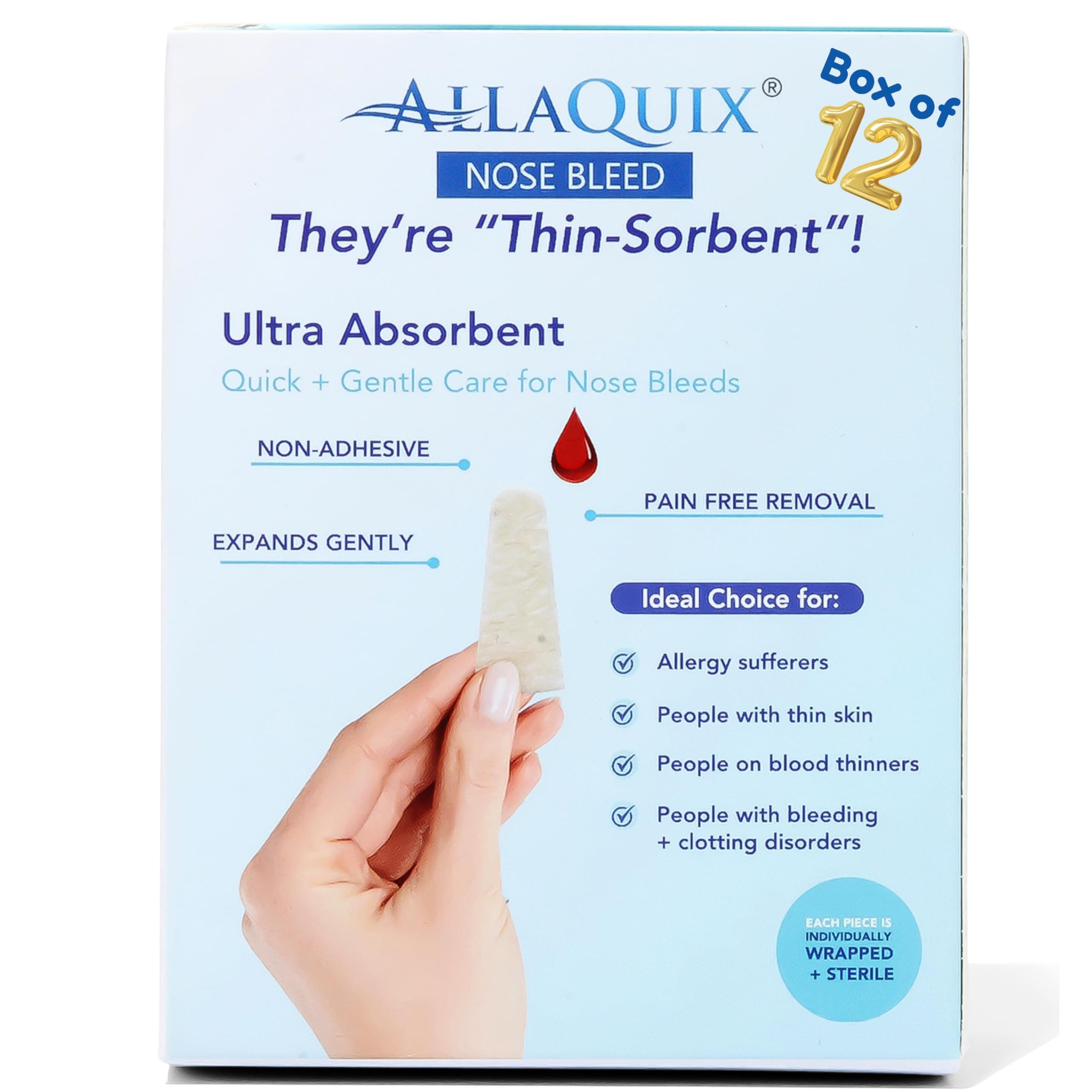 Nose Bleed Stopper – Hemostatic Gauze Plugs Made with Calcium Alginate (Box of 12) – Fast Relief for Nosebleeds | Highly Absorbent, Soft, Sterile, Safe for Blood Thinners
