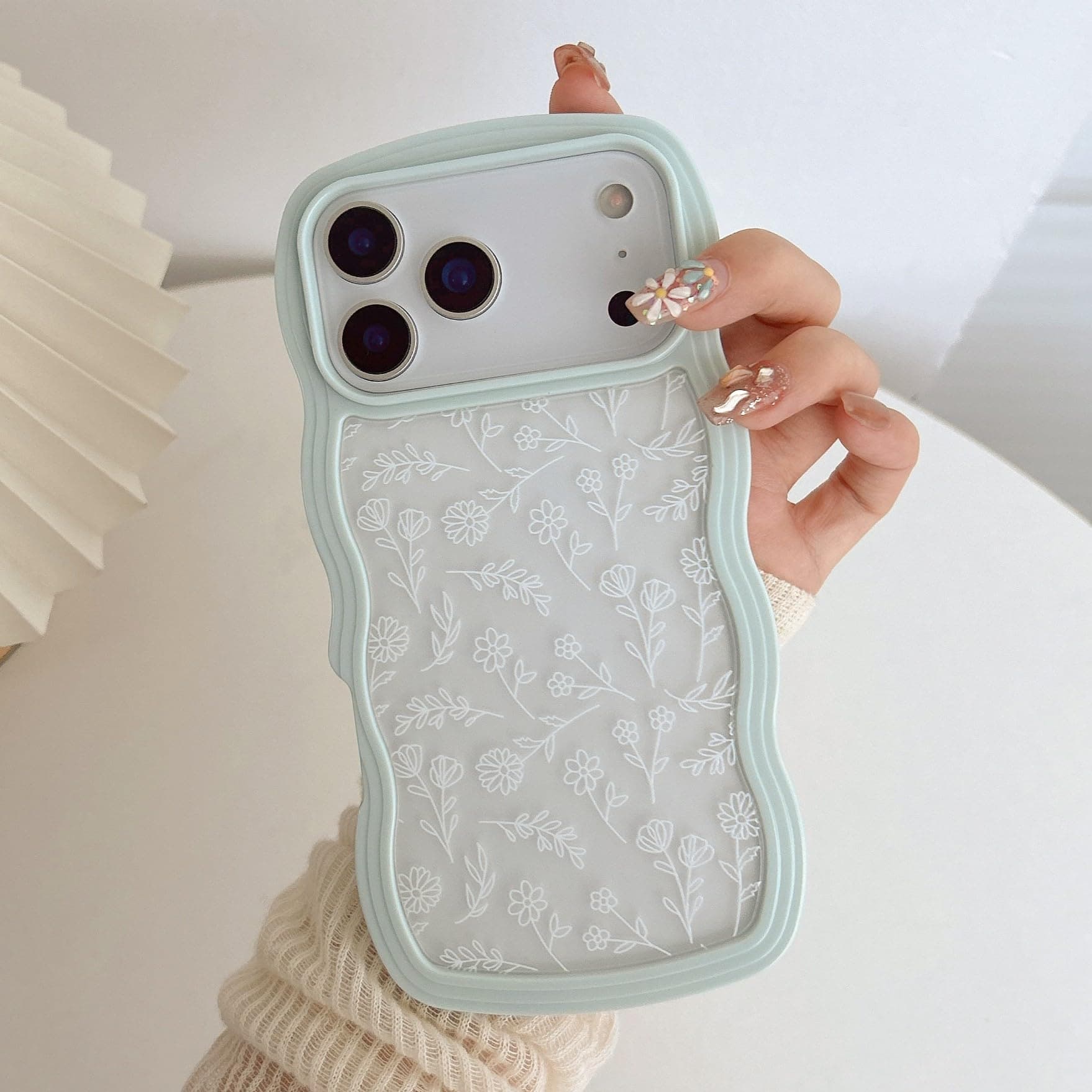 QLTYPRI for iPhone 17 Pro Case, Cute Curly Wave Frame Clear Case for Girls Women, Flower Clear TPU Bumper Soft Silicone Shockproof Protective Phone Cover for iPhone 17 Pro - White Floral/Light Blue
