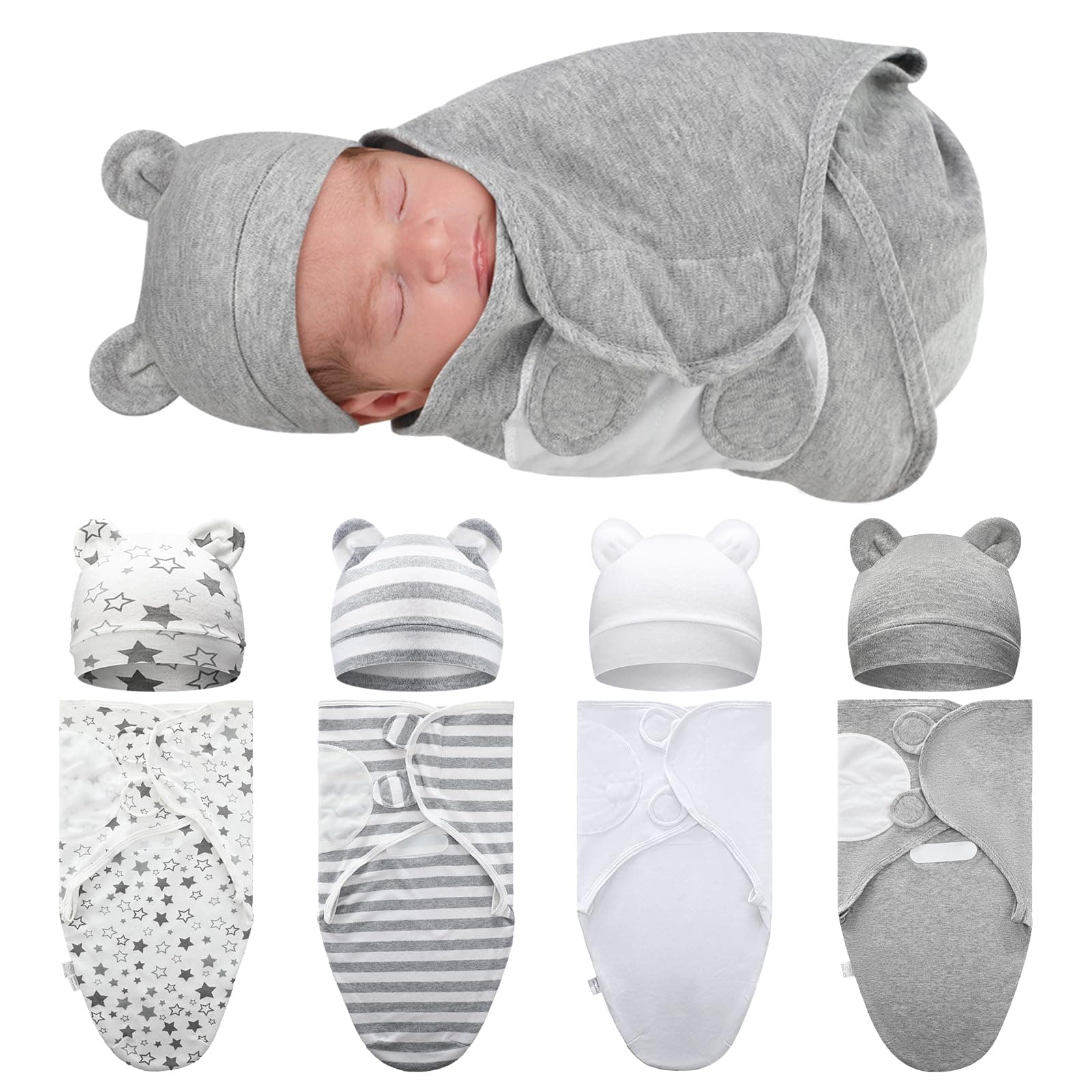 Buryeah 4 Pack Preemie Swaddle Blanket Wrap Set with Hat for Baby Boys Girls 3-7 Lbs Preemie Newborn Clothes Sleepers Cap, Classic Style, M