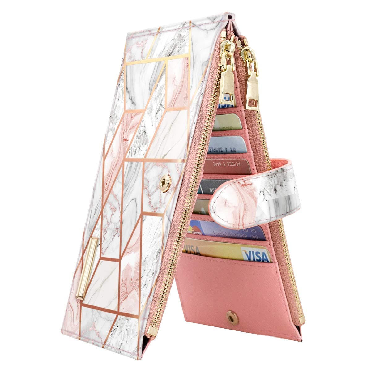 Wallets for Women Pink Marble Wallet Multi Card Organizer Bifold Wallet with Double Zipper Pocket,Gold Pink Marble