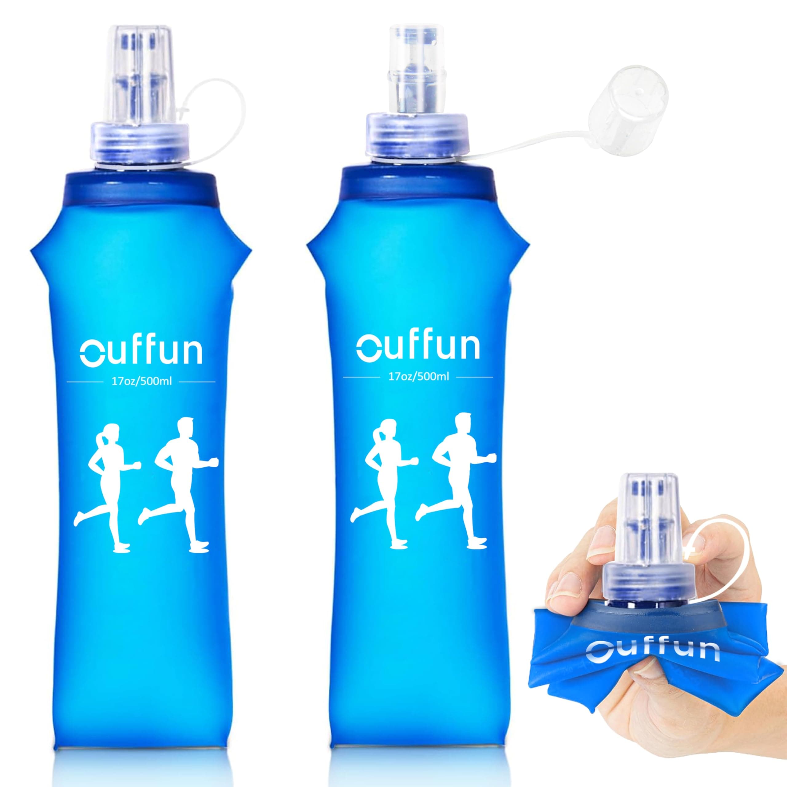 2 Pack Soft Water Bottle, TPU Collapsible Flask Foldable Bottles for Hydration Pack, BPA-Free, Running Lightweight Water Bottle for Outdoor Sports like Hiking Cycling Climbing Running (17OZ/500ml)