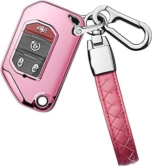 for Jeep Key fob Cover,Soft Protector Case Key Shell with Leather Keychain,Fit for Gladiator JT Sahara JLU Wrangler JL Rubicon Remote Key,Key Case Pink