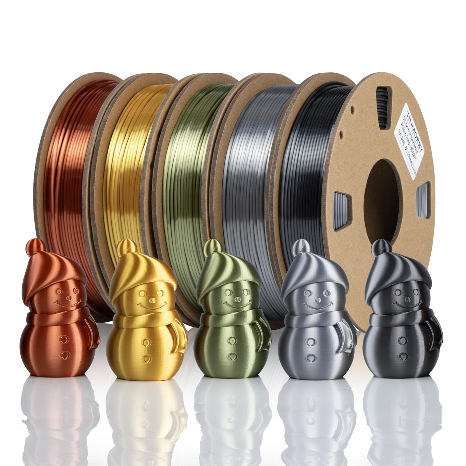 TINMORRY Ultra Silk+ PLA 3D Printer Filament Bundle, PLA Filament 1.75 mm, Total Net Weight 1.25 kg, Gold+Silver+Copper+Bronze+Iron Black