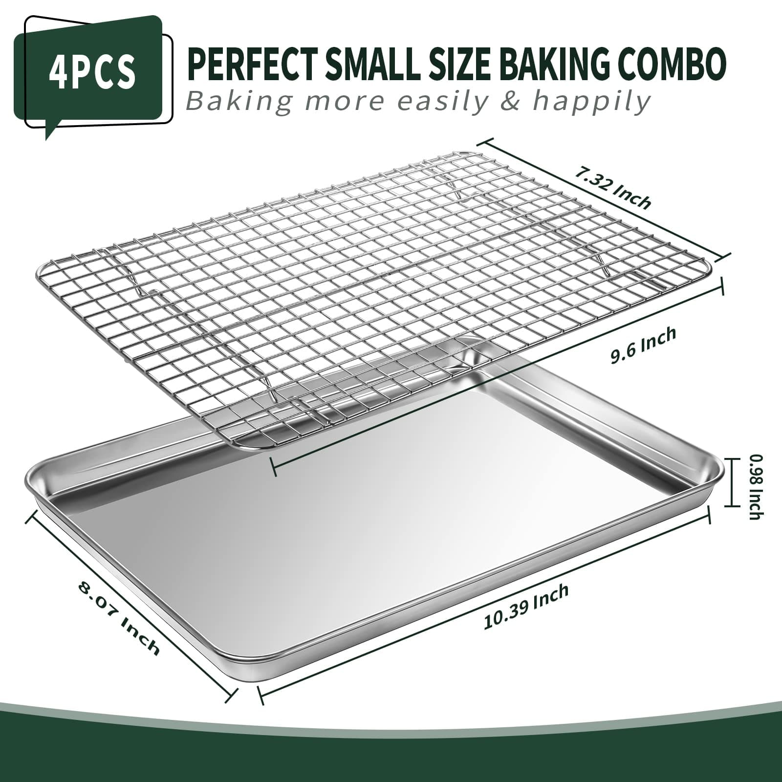 CEKEE 4 PCs Small Baking Sheet with Wire Rack Set [2 Baking Pans + 2 Cooling Racks], 10 Inch Stainless Steel Small Baking Tray with Rack Set - Rust & Warp Resistant & Easy Clean Baking Pan with Rack