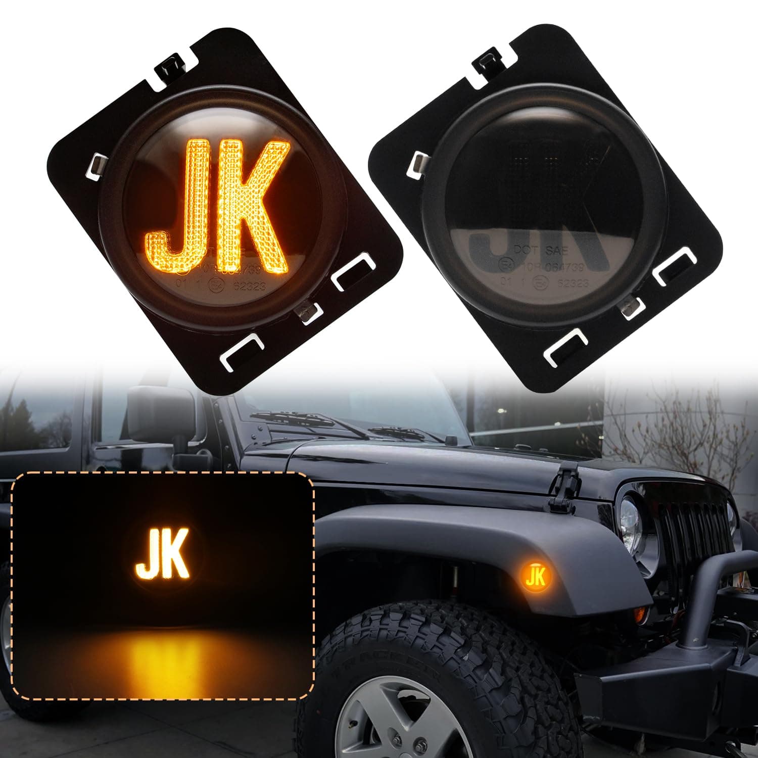 Side Marker Lights Compatible with Wrangler JK 2007-2018 Front Fender Full LED Lights,2024 NEW,Favorite of Off-Road Enthusiasts (Smoked Lens Yellow Lights)