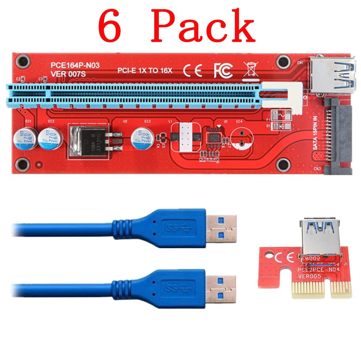 VER 007S Extender Cable USB 3.0 Converter SATA PCI Express PCI-E 1X To 16X Riser Card With 15pin SATA Power Slot Connector Supply Cable 60 Centimeter For Bitcoin Mining (6 Pack)-Kalolary