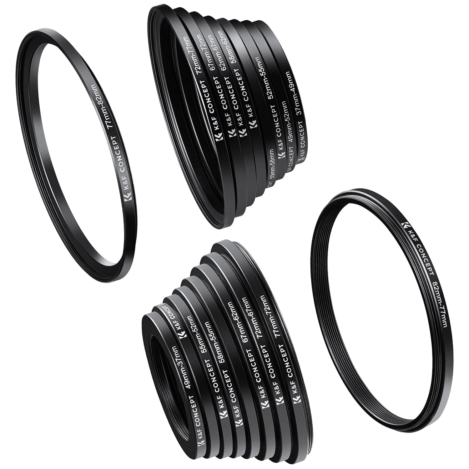 K&F CONCEPT 18 Pieces Filter Ring Adapter Set, Camera Lens Filter Metal Stepping Rings Kit (Includes 9pcs Step Up Ring Set + 9pcs Step Down Ring Set) Black
