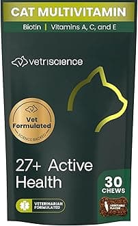 VetriScience 27+ Active Health Chews, Nu Cat Daily Multivitamin for Cats and Kittens, Balanced Vitamins, Minerals and Antioxidants, Health and Wellness Support, Fish, 30 Count