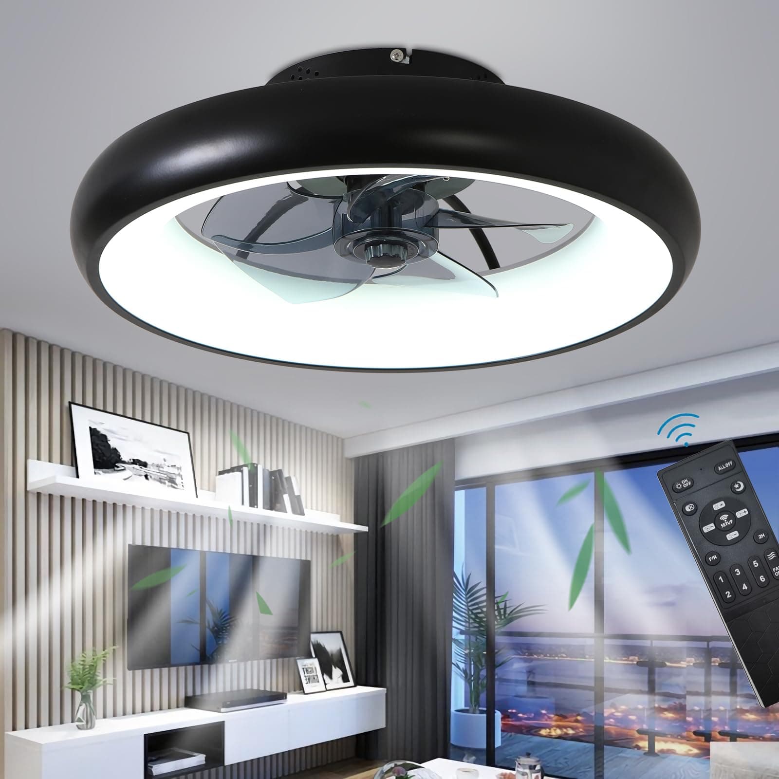 Quiet 48CM Modern Ceiling Fans with Lamp Remote Control, LED 36W Dimmable Ceiling Light for Bedroom Living Room, Reversible and 6 Speeds, Black