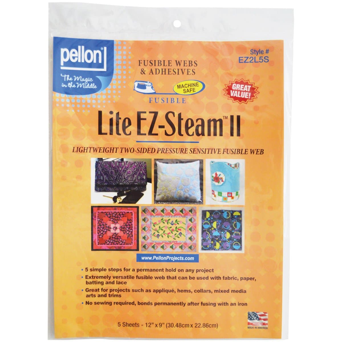 Pellon EZ Steam II Lite 12"X9" Sheets 5/Pkg-White