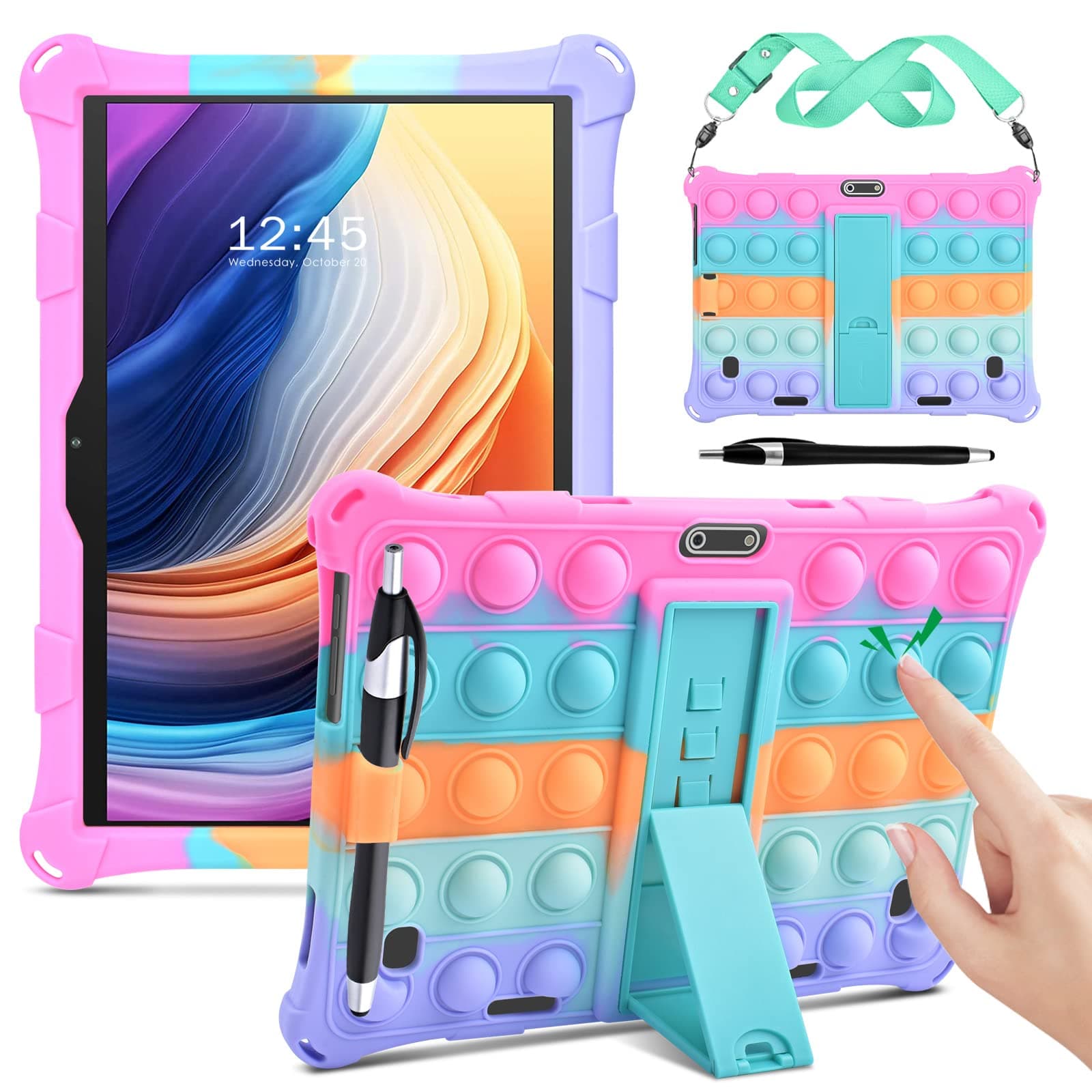 Silicone Case Compatible with Dragon Touch Notepad K10, 10 inch Universal Tablet Case, Multi-Angle Protective Cover for ZONKO K105 10 inch, Winsing 10 with Strap & Stylus Pen, Rainbow