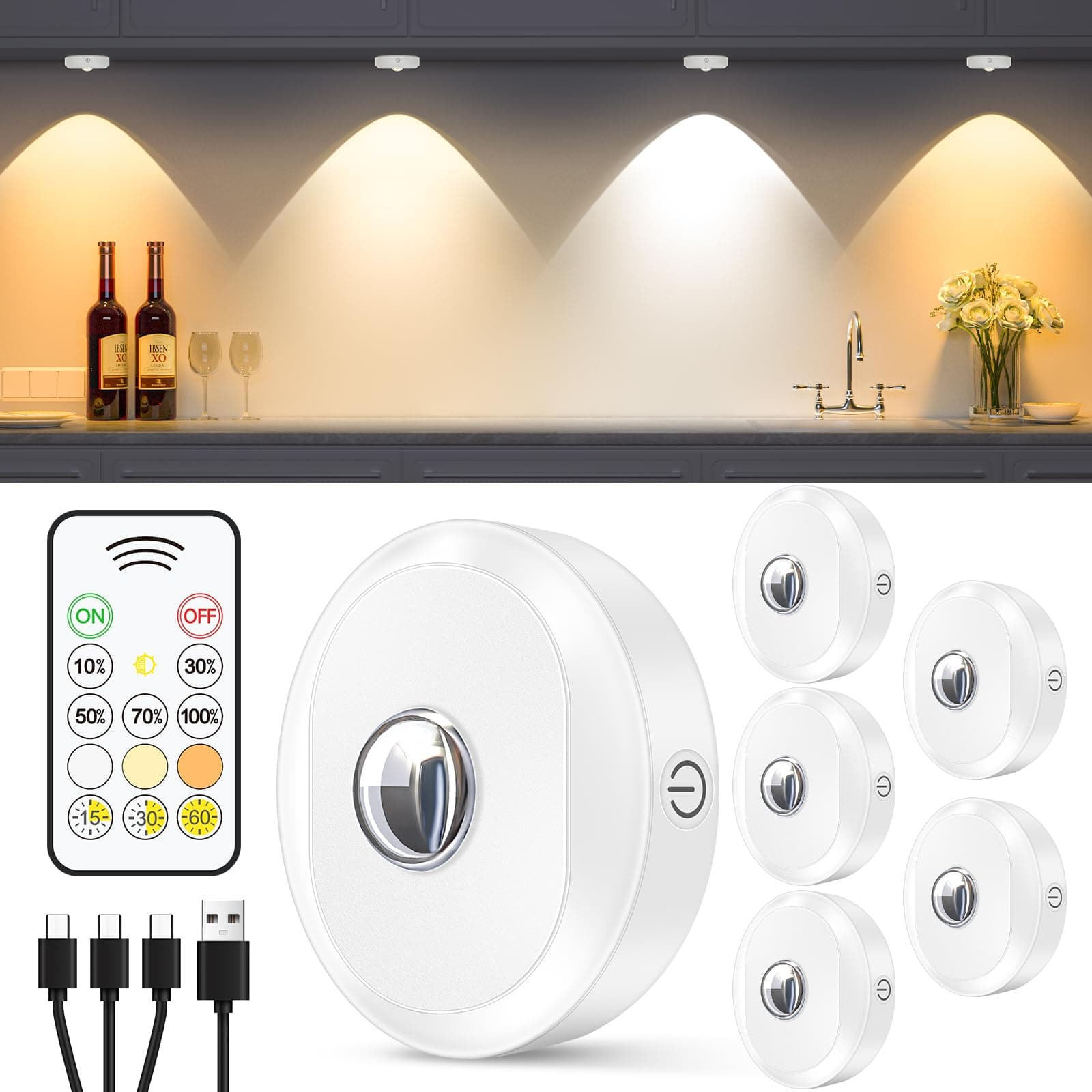 WILLED Cabinet Lighting Wireless with Remote Control, USB Rechargeable Showcase Lighting LED, 1200 mAh Battery Under-Unit Light, Kitchen LED, Dimmable LED Spot Battery with Timing Function (Pack of 6)