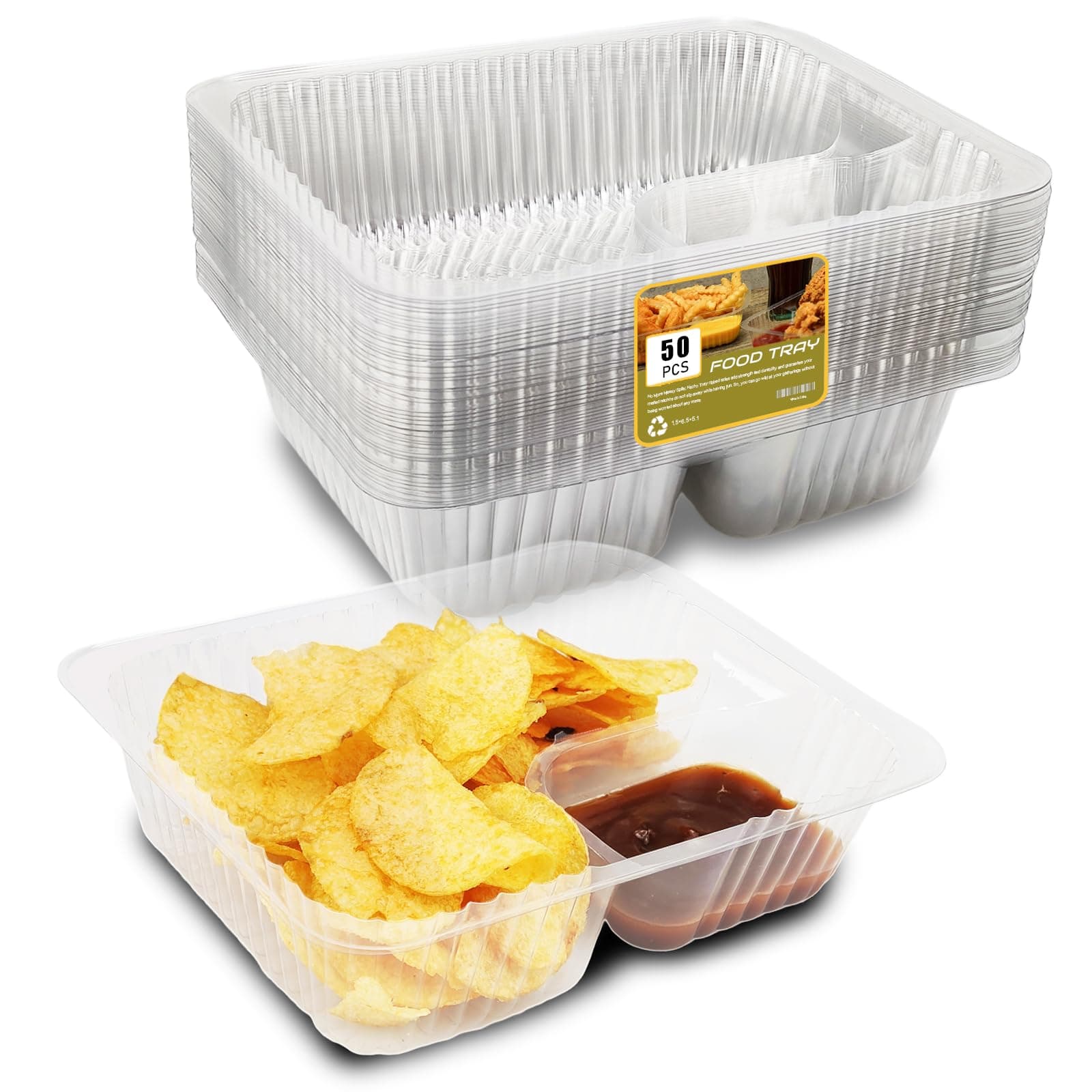 50 PC Nacho Trays Disposable, 12oz Plastic Nacho Containers with Chip and Dip Holder, 6x5 In 2 Compartments Clear Snack Trays for Kids,Parties, Movie Night Supplies (Plastic-50pc)