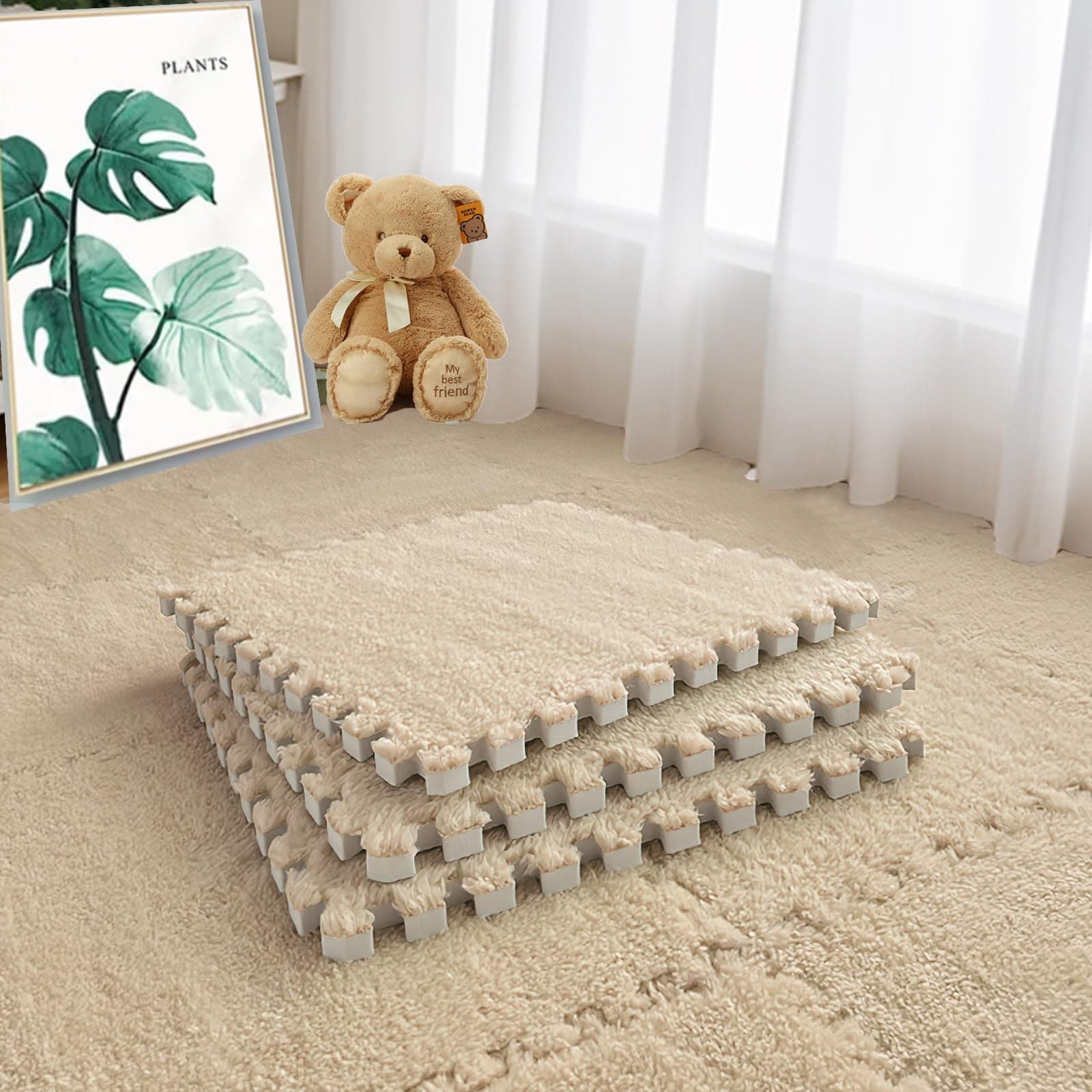 15pcs 11.8" Modular Interlocking Thick Carpet Shaggy Soft EVA Foam Mats Fluffy Area Rugs Bedroom Protective Floor Tiles Exercise Children Room Play Ground Mats (Khaki)