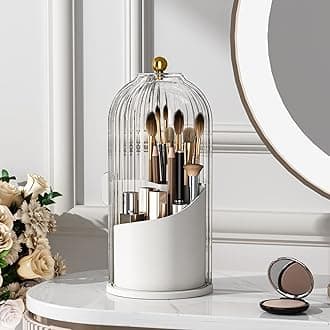 Makeup Brush Holder with Lid 360 Rotating Clear Dustproof Make Up Organizers for Vanity Bathroom Countertop, Transparent