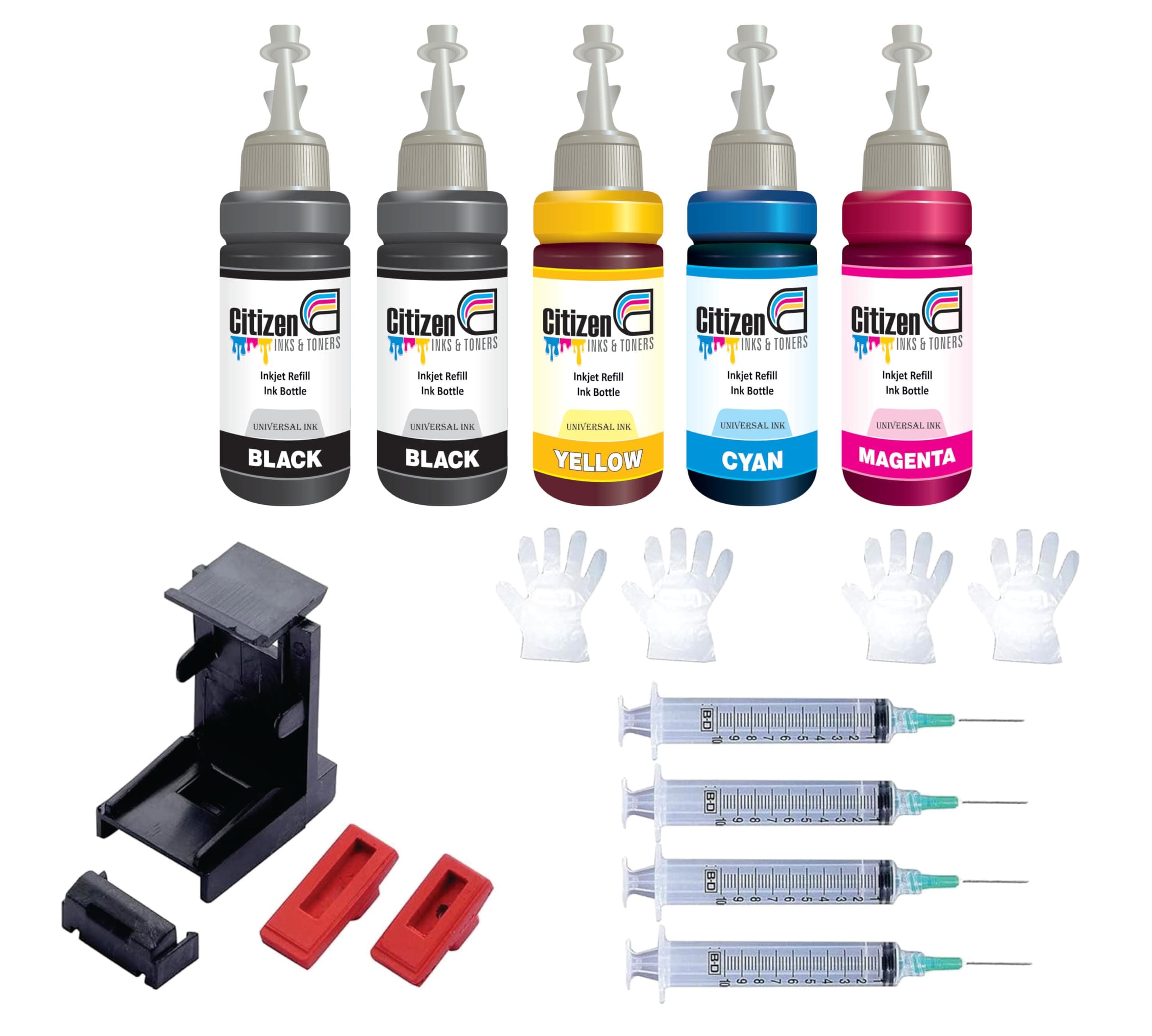 Refill Kit with Suction Tool Combo Pack of High Yield Inkjet Cartridge Ink Refill Compatible for HP and Canon Cartridge Printers - 100ml Per Bottle (5 Bottles Full Set)