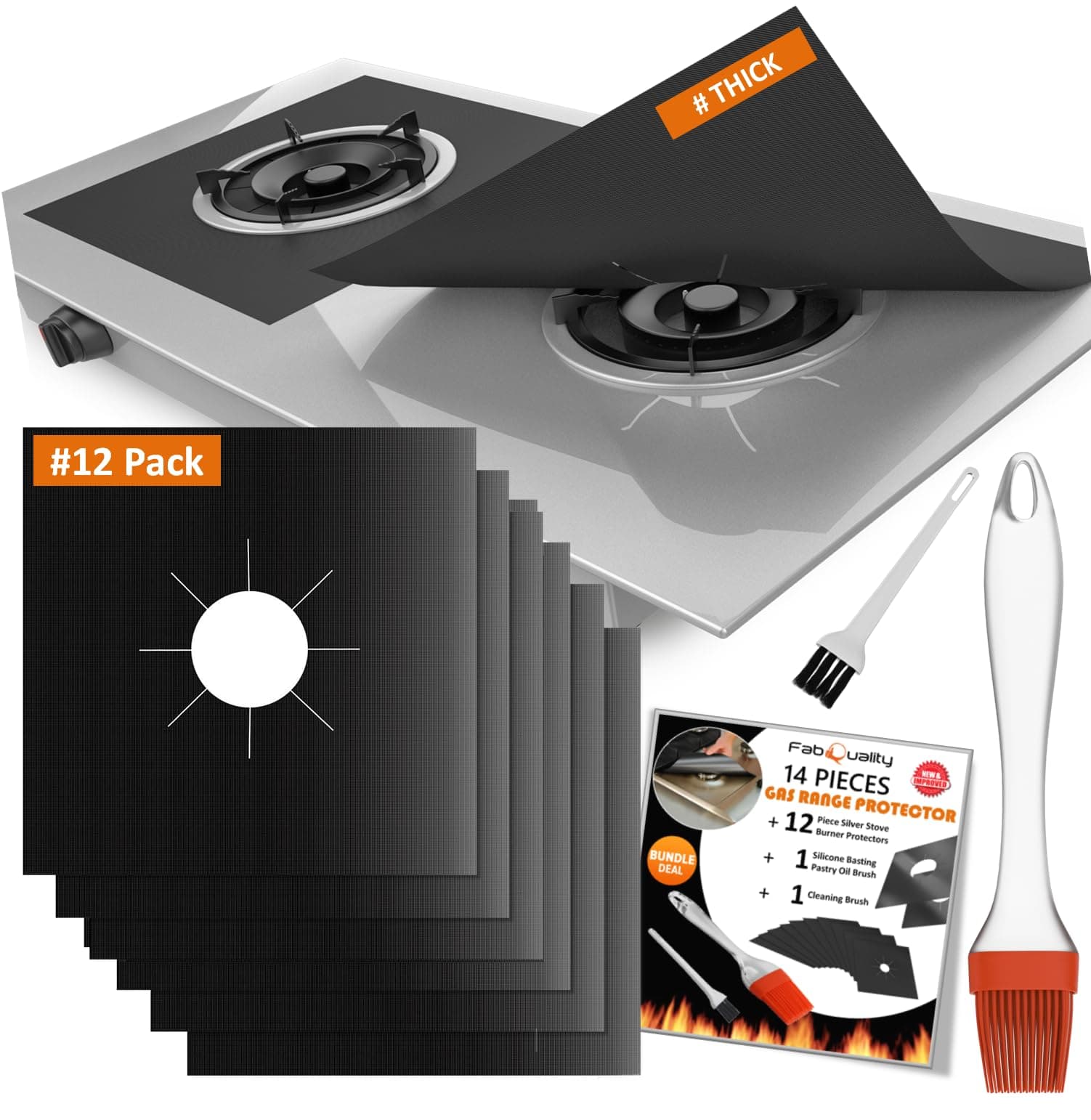 14 Pack Stove Burner Covers Double Thickness Reusable Non-Stick Heat-Resistant Gas Range Protectors for Kitchen and Easy to Clean 2025（Black）+ Brush + Peeler