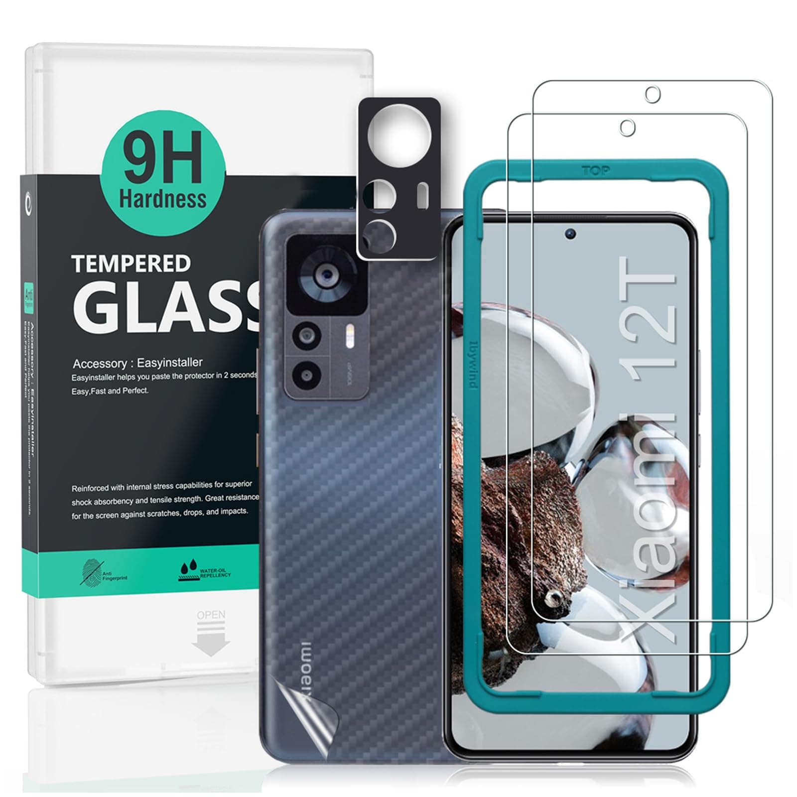 Ibywind 2 Pack Screen Protector For Xiaomi 12T 5G 6.67",9H Hardness Tempered Glass,With 1Pc Camera Lens Protector,1Pc Back Carbon Fiber Film,Anti-Scratch