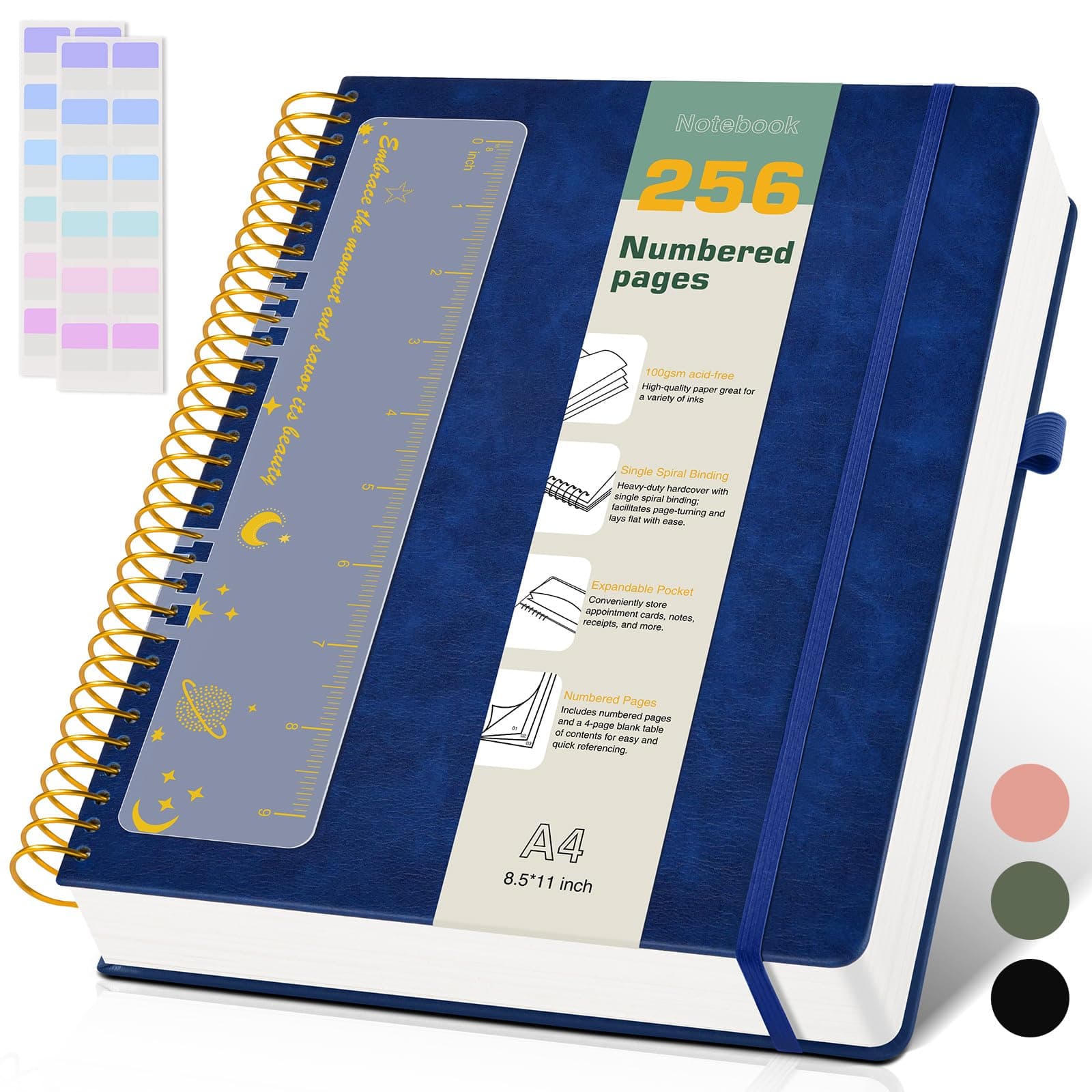 A4 Spiral Notebook Journal 8.5” x 11”, 256 Numbered Pages Hardcover Leather Journals for Women Men, Large Lined College Ruled Notebooks, 100GSM Thick Paper, Spiral Bound Journal for Work School, Navy