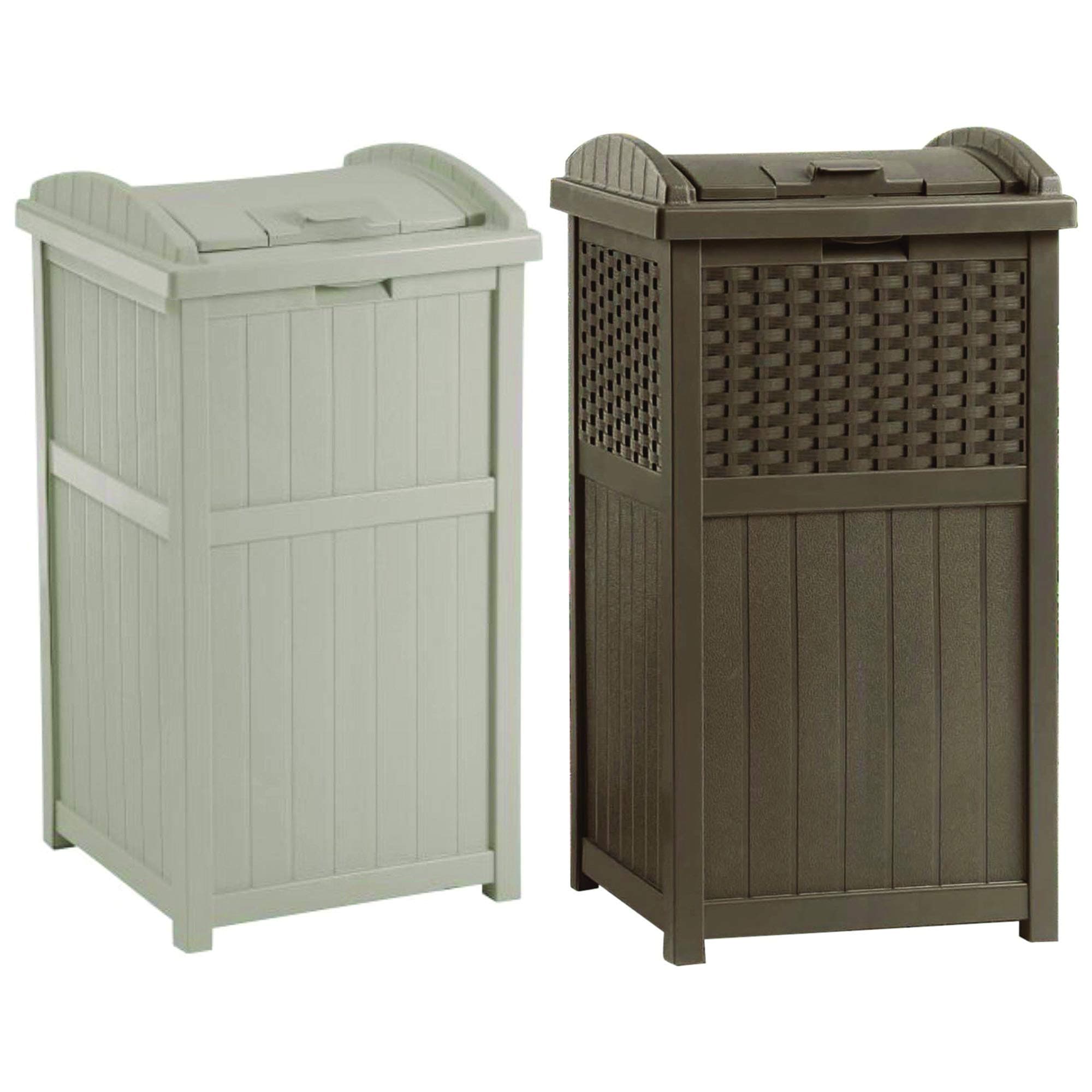 Suncast 33 Gallon Trash Hideaway Easy Assembly Durable Plastic Garbage Container with Wood Look Design, 1 Beige and Brown (2 Pack)
