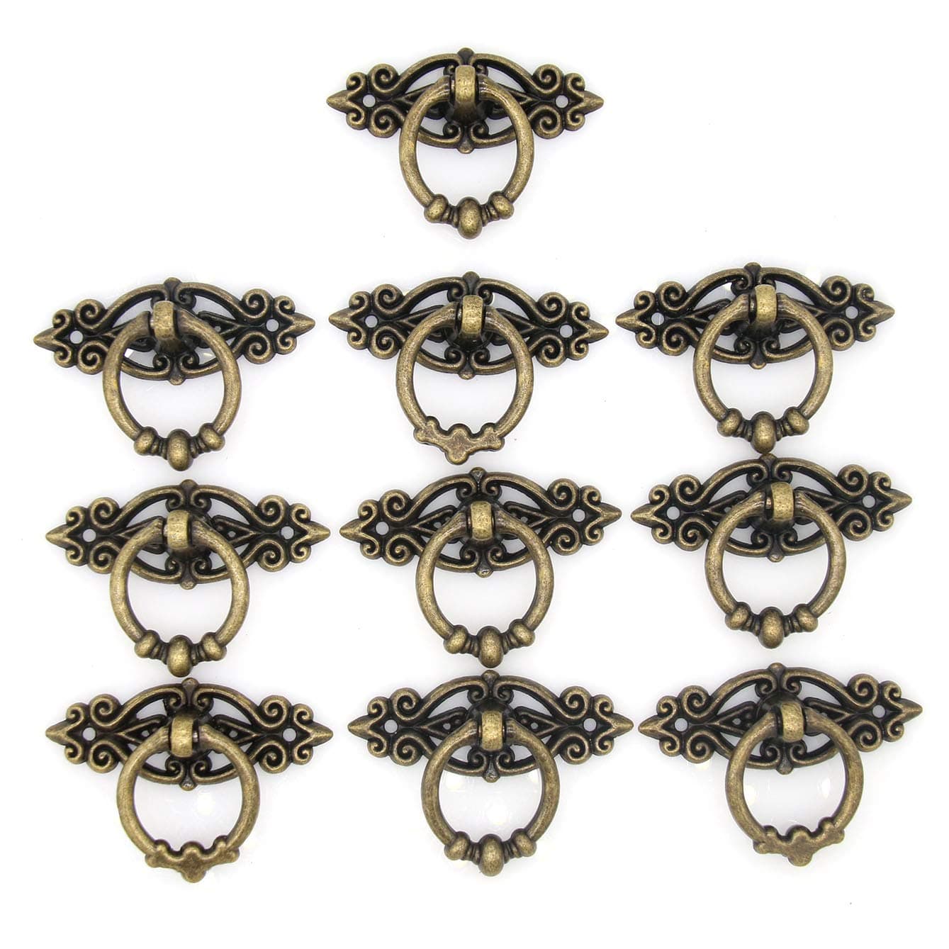 10 PCs Vintage Distressed Antique Brass Finish Ring Pulls Handles for Cabinet Cupboard Drawer Dresser, Length 2.5-in (6.5 cm) and Width 1.8-in (4.7 cm)