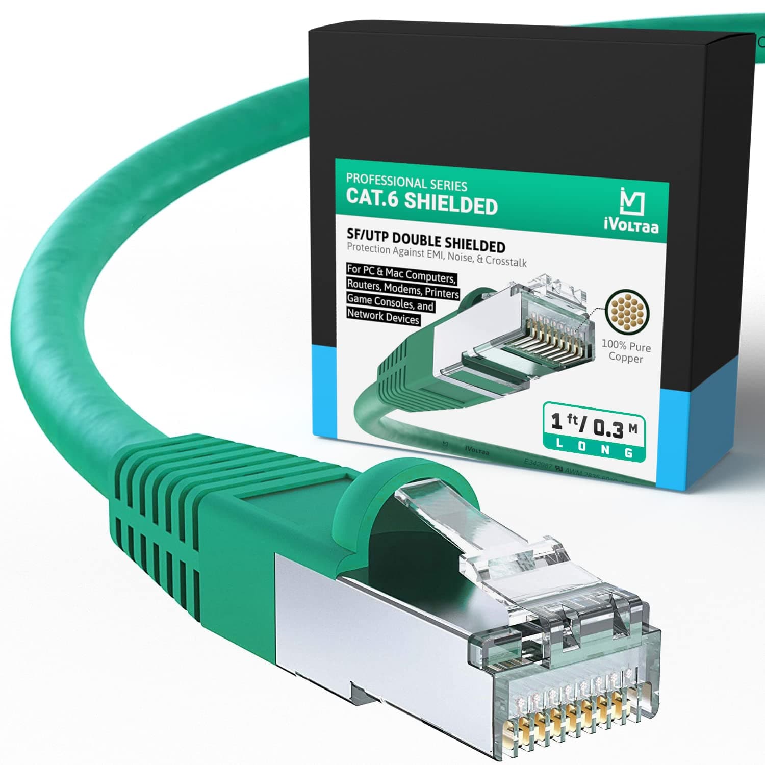 iVoltaa Ethernet Cable CAT6A Cable Dual Shielded (SF/UTP), 100% Copper, Professional Series - 10 Gbps LAN Network/High Speed Internet Cable, 550MHZ - 20 feet (6.0 m)
