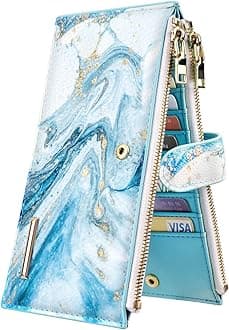 Womens RFID Blocking Multi Card Organizer Bifold Wallet with Zipper Pocket,Blue Marble
