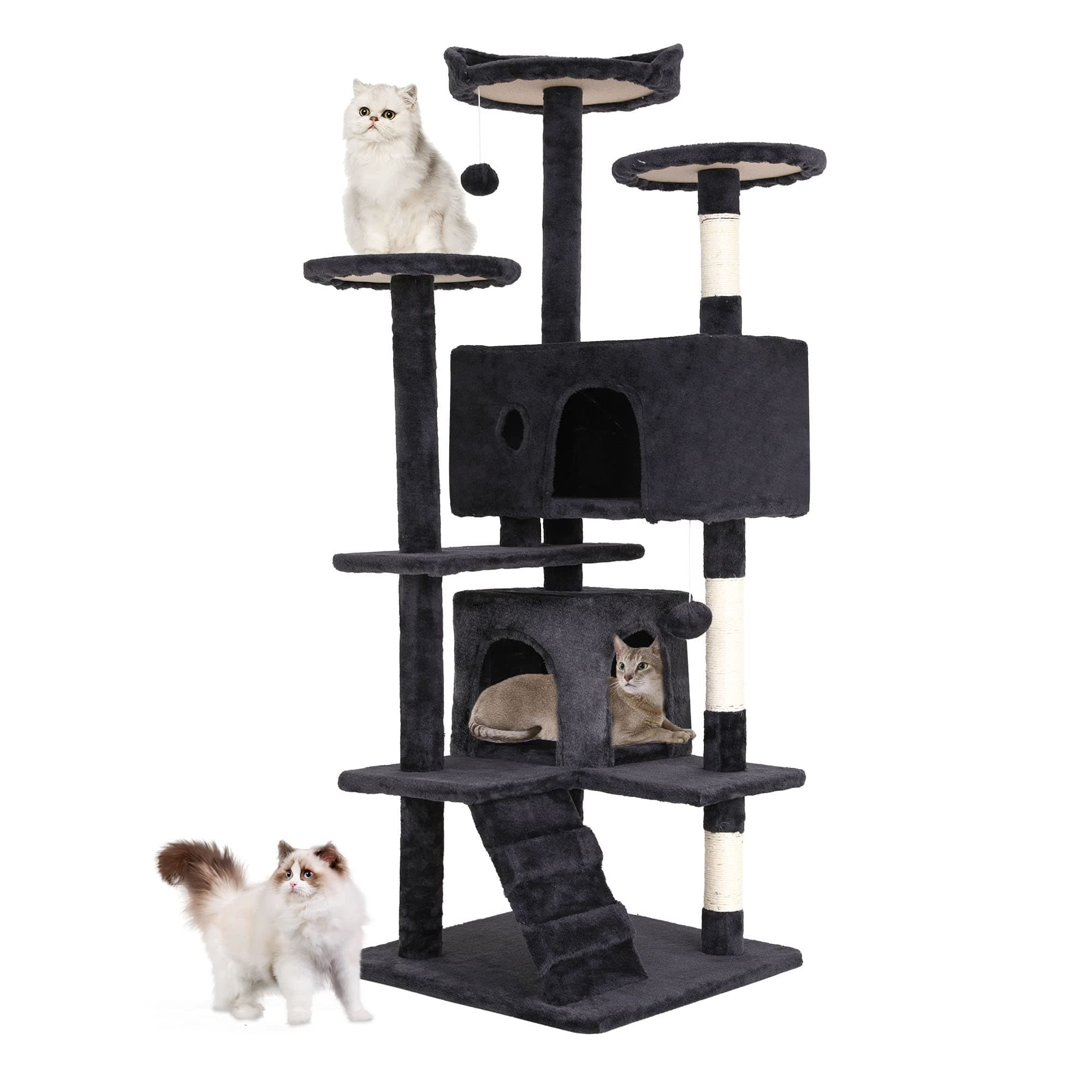 54" Cat Tree Tower | Dark Gray | Sturdy, Easy to Assemble, Multi-Level Activity Center with Sisal Scratching Posts, Condos, Perches, Hanging Cat Toys, Observation Decks & Ladder