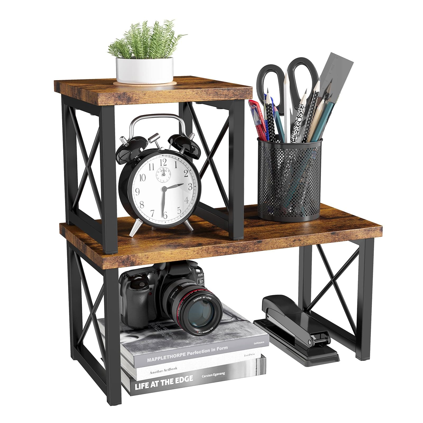 HavenlyYouth Desk Shelf, 2 Tier Wood Desktop Bookshelf, Adjustable Freestanding Stackable Desk Organizer, Desktop Shelf Organizer Storage Rack, Desk Display Rack for Office, Home, Rustic