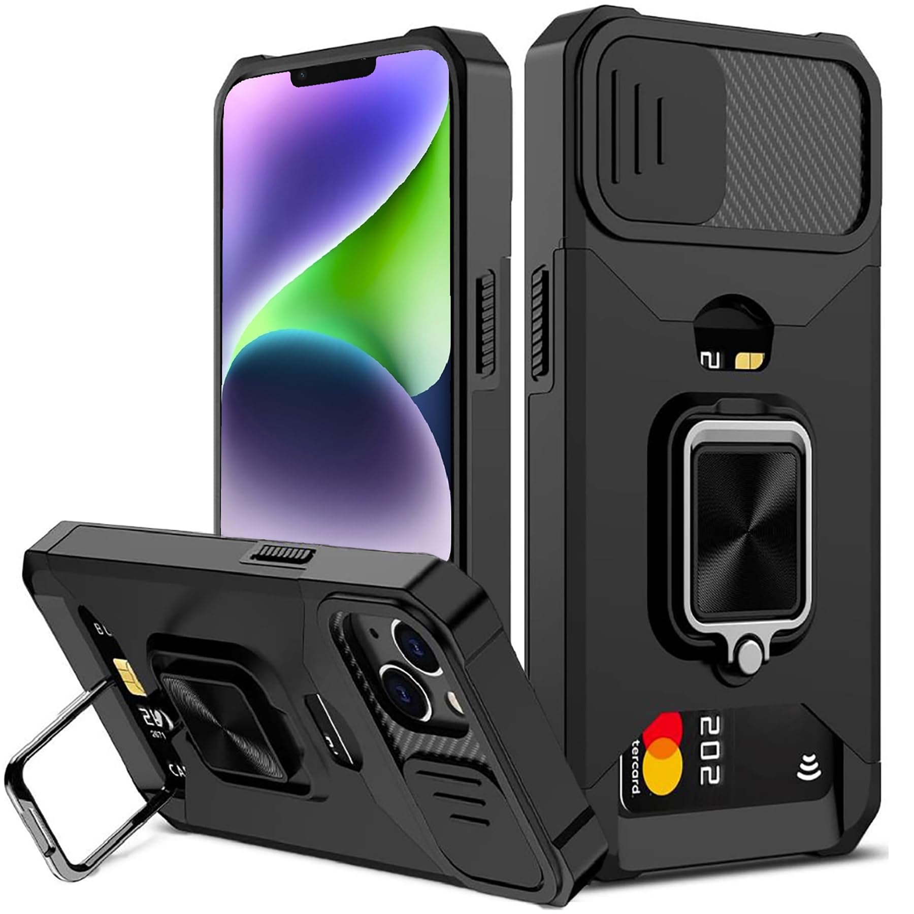for iPhone 14 Plus Case with Card Holder and Slide Camera Cover,360° Rotate Ring Kickstand Heavy Duty Protective Phone Case for Apple iPhone 14 Plus Cover-Black