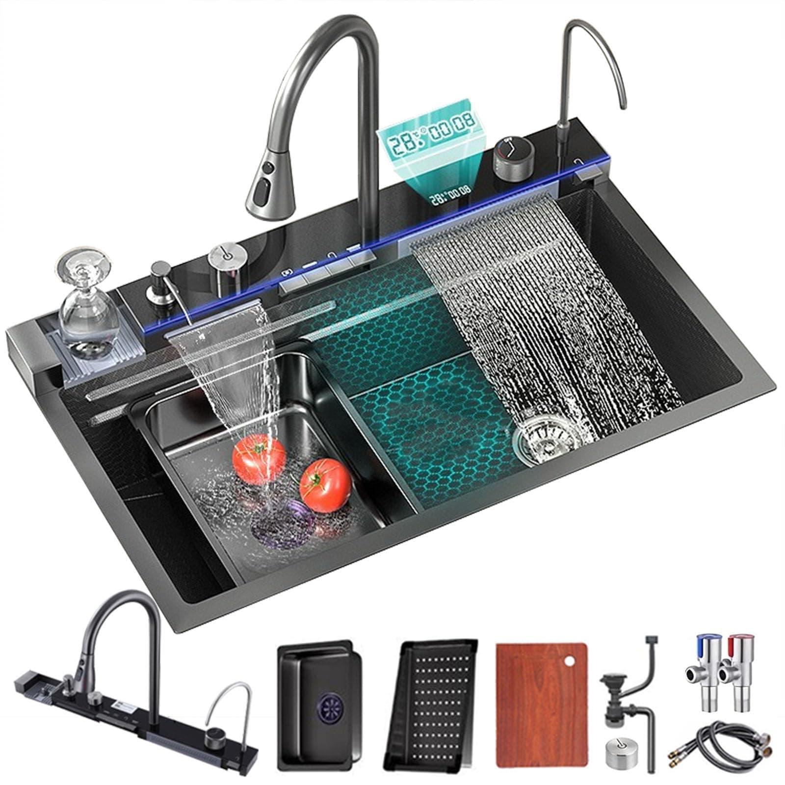 Kitchen Sink Multifunctional Digital Display Waterfall Sink with Cup Washer, soap Dispenser, rain Waterfall, Table Control and Other Functions with LED Display (Gun Grey, 68 * 46 * 22cm)…
