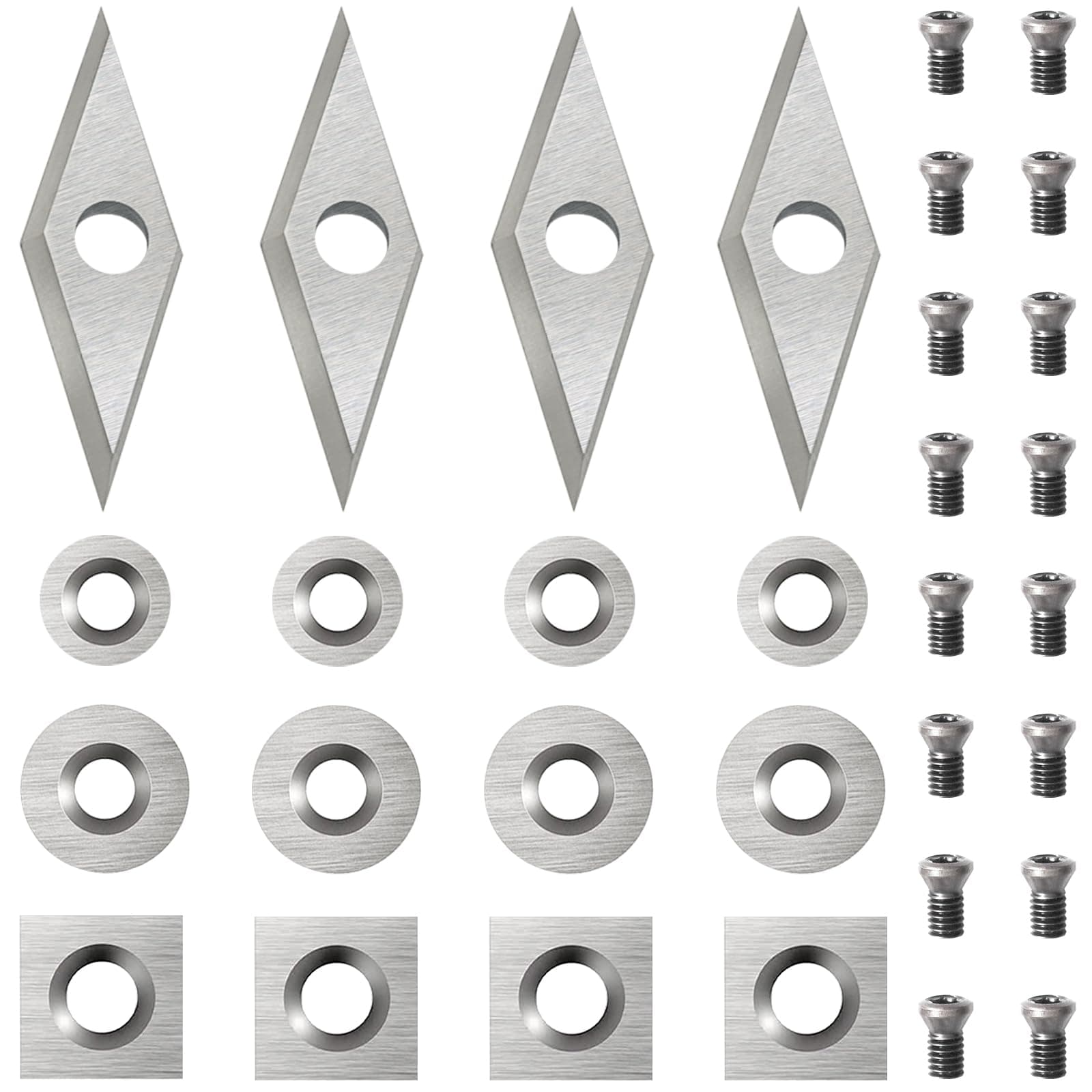 32pcs Carbide Lathe Tools,Tungsten Cutters Inserts Set for Wood Lathe Turning Tools, Include 11 mm Square with Radius, 12 mm and 8.9 mm Round, 30 x 10 mm Diamond,Screws