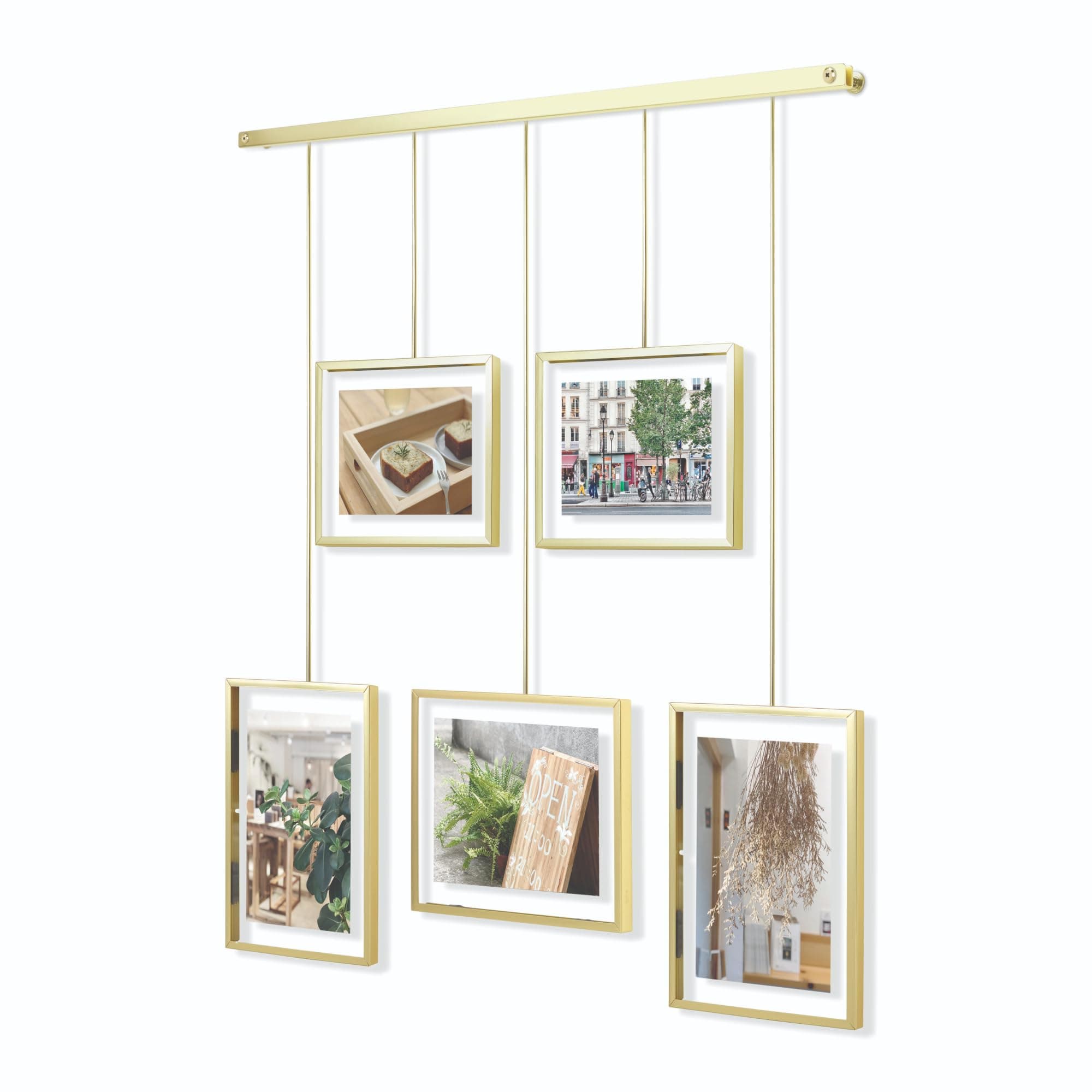 Umbra Exhibit Picture Frame Gallery Set Adjustable Collage Display for 5 Photos, Prints, Artwork & More (Holds Two 4 x 6 inch and Three 5 x 7 inch Images), Normal, Brass