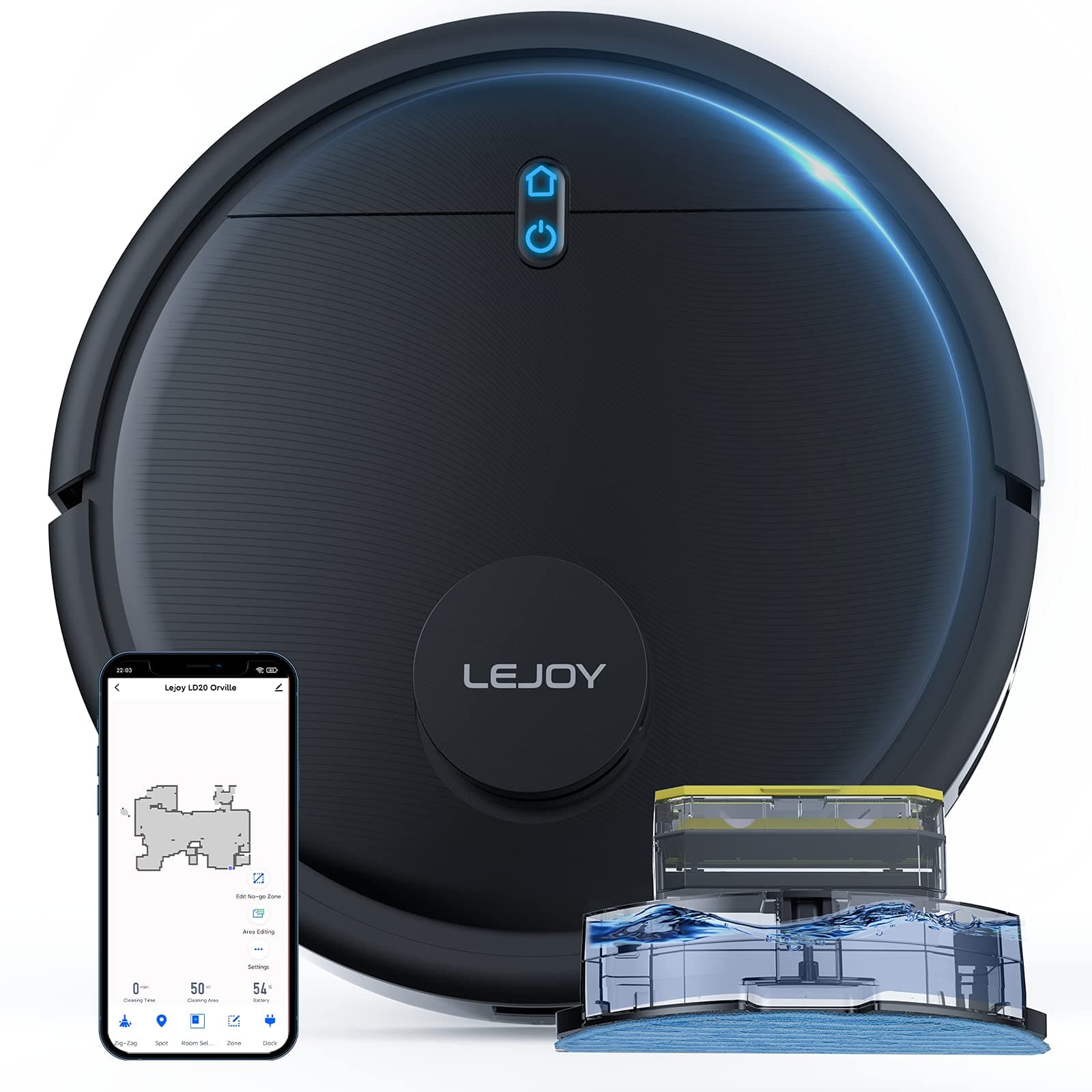 LeJoy LD20 laser mapping navigation robot vacuum cleaner, wet mopping, wi-fi connected app, powerful suction, for carpet cleaning (Glossy Black)