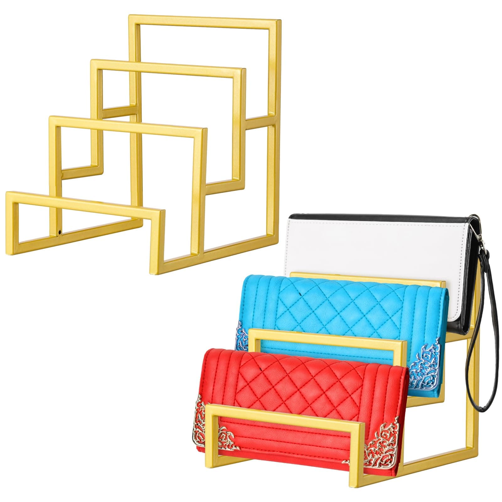 2 Pack Purse Organizer for Closet Display 3 Layer Gold Riser Stand Clutch Purse Organizer Display Metal Wallet Rack for Handbag Home Retail Boutique Store Supplies