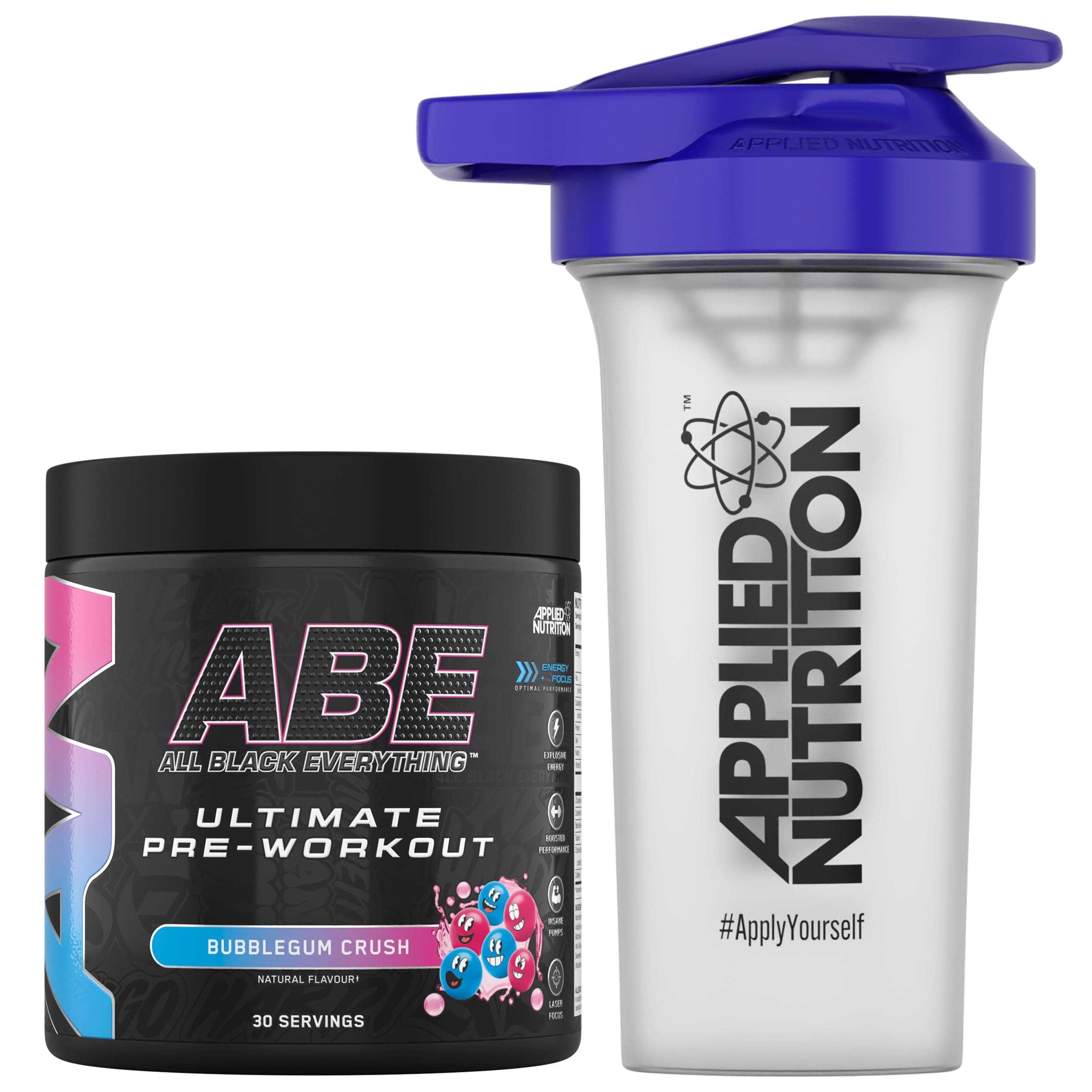 Bundle ABE Pre Workout 375g + 700ml Protein Shaker | All Black Everything Pre Workout Powder, Energy & Physical Performance with Creatine, Beta Alanine (Bubblegum Crush)