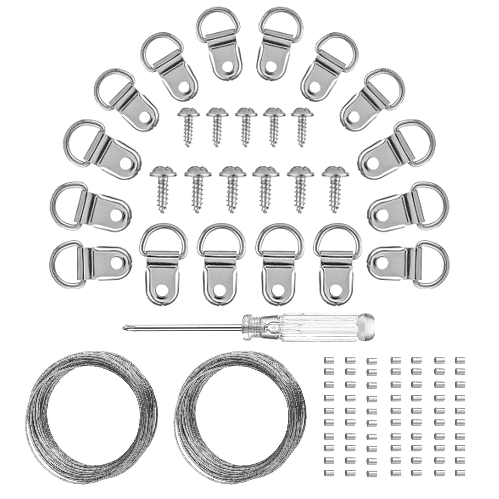 YHYZ D Ring Picture Hangers Sets(50 Sets ), D Ring Hooks + Screws + Hanging Wire + Crimping Loop Sleeves + Screwdriver, for Painting Photo Pictures Clock Artwork Mirrors Cross-Stitch