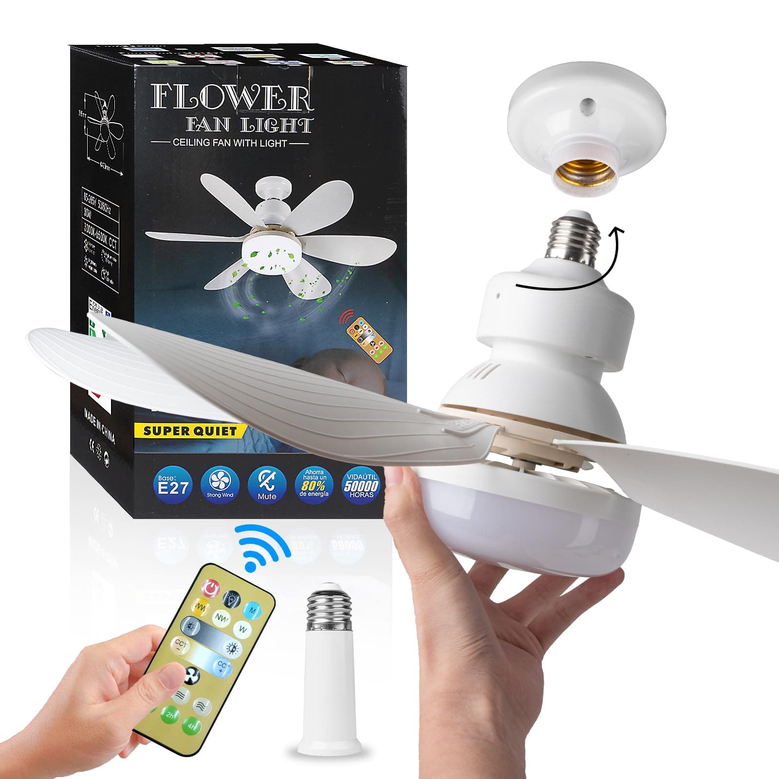 HSC Socket Ceiling Fans with Lights, 20.4” Screw in Ceiling Fans Light with Remote, 40W Dimmable Small Ceiling Fan for Garage Bathroom Bedroom Kitchen, White Flat Lamp