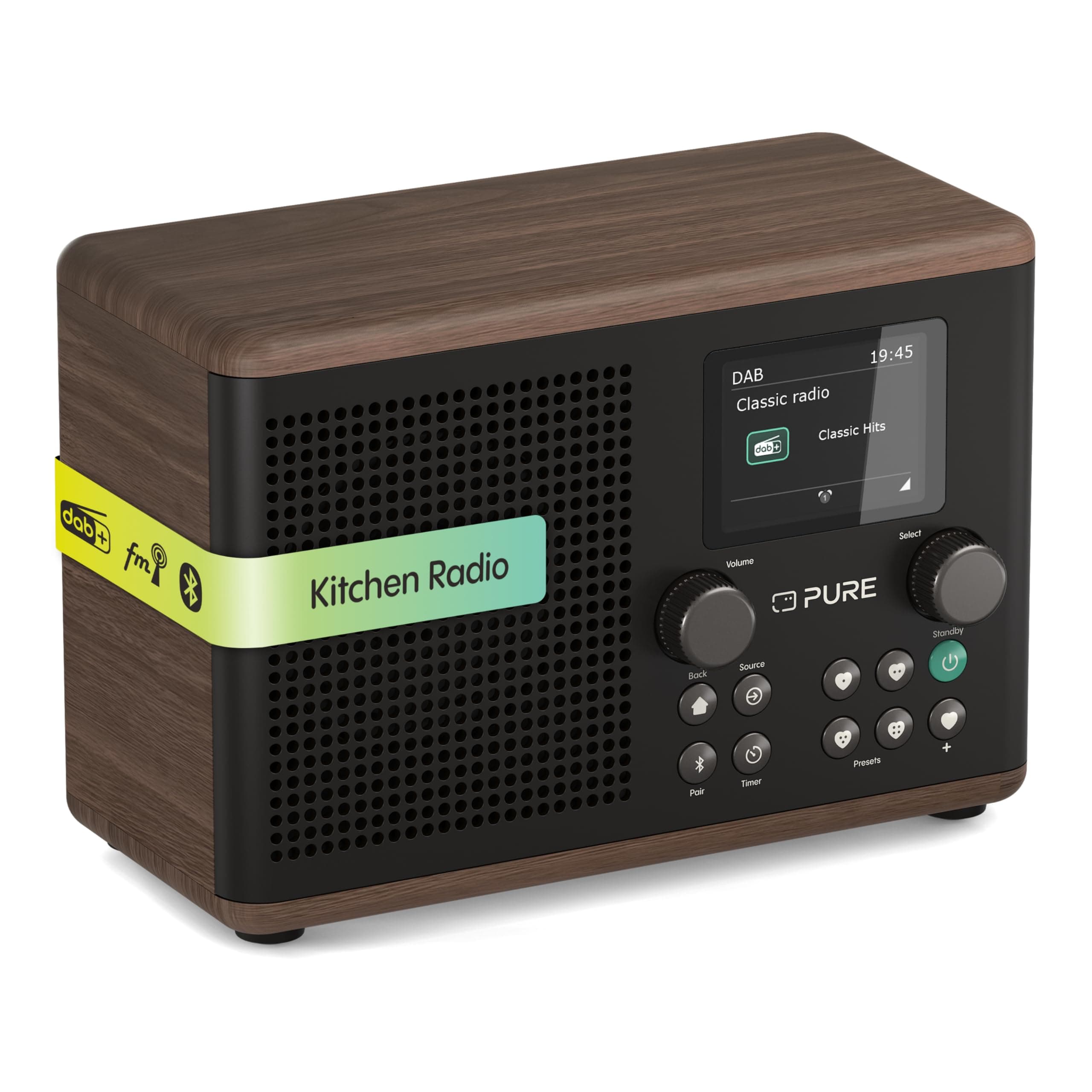 Pure Classic H4 Digital Kitchen Radio (DAB+/FM, Bluetooth, USB, AUX, Kitchen Timer, Alarm), Coffee Black/Walnut