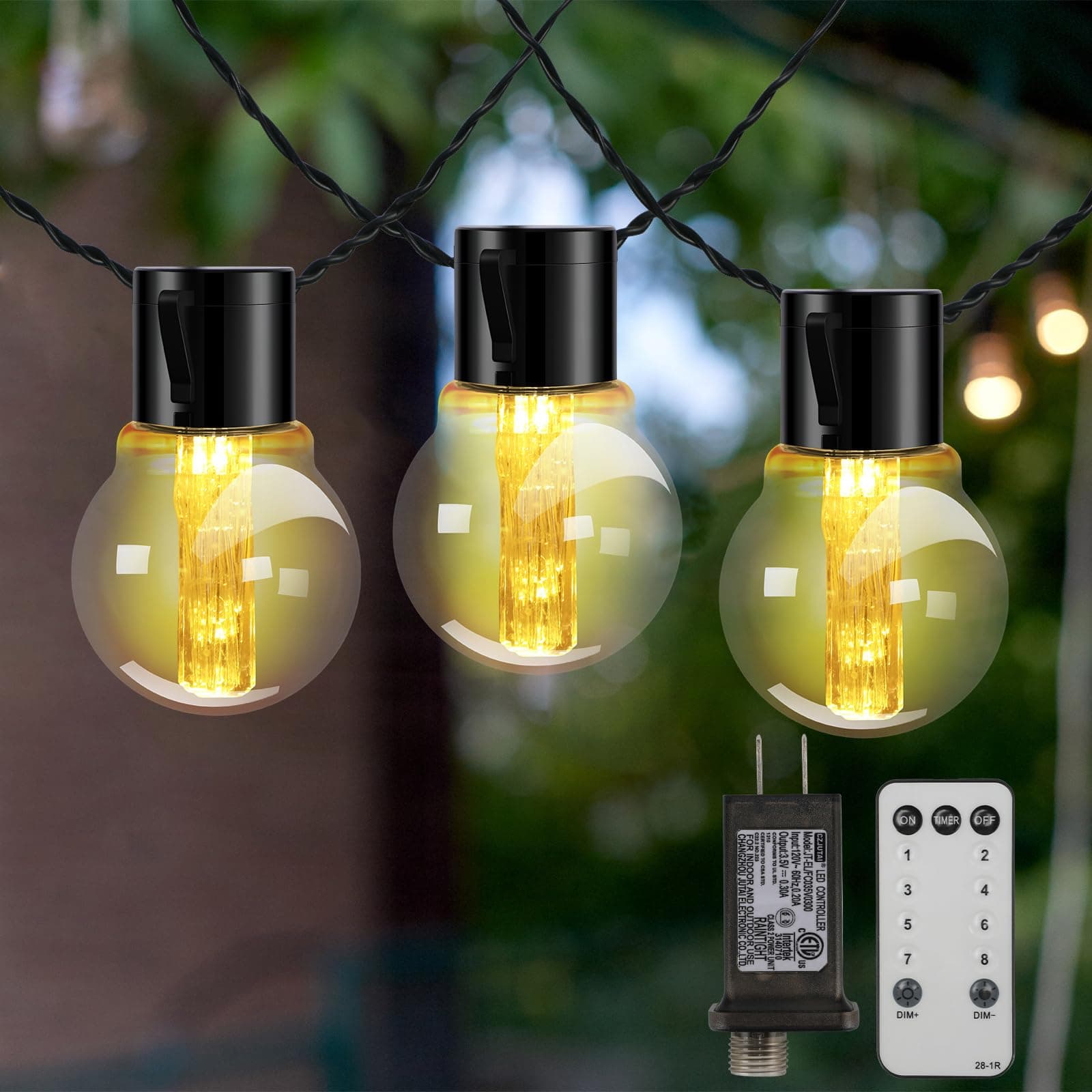 Outdoor String Lights,Plug-in Low Voltage 3.5V,G50 Globe Patio String Lights 43Ft,with 30 Edison Shatterproof LED Wick String Bulbs,8 Light Modes 3200K，Lights for Outside Yard Party Decor