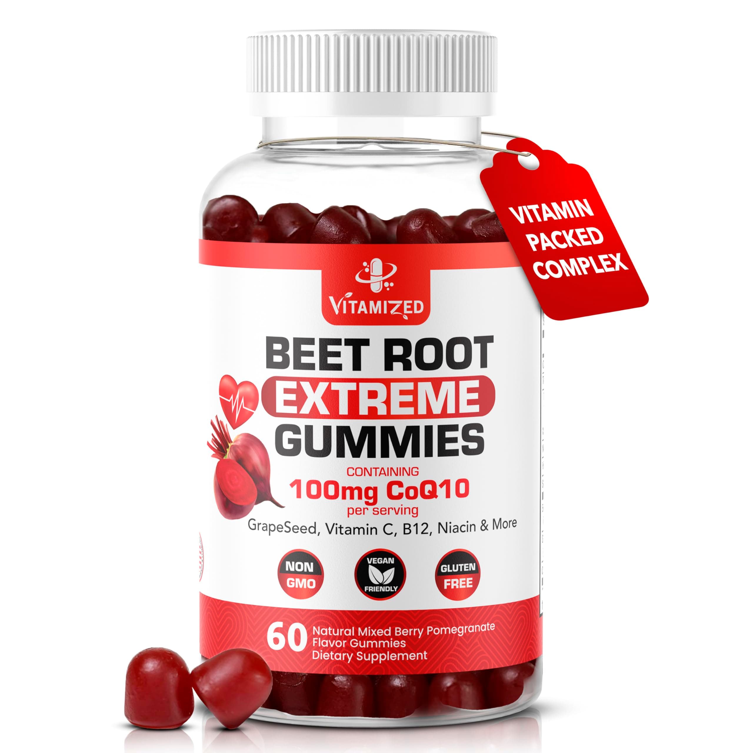 Extreme Beetroot Formula & COQ10 100mg with Grape Seed Extract, for Circulation Energy & Flow, Beet Root Gummies Extract Gluten Free 60