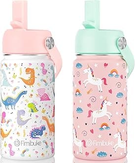 Fimibuke Kids Insulated Water Bottle, 14oz BPA FREE Double Wall Vacuum Tumbler 18/8 Stainless Steel Leak Proof Kids Cups with Straw Metal Bottle for School Boy Girl (2 Pack, UNICORN/WHITE DINOSAUR)