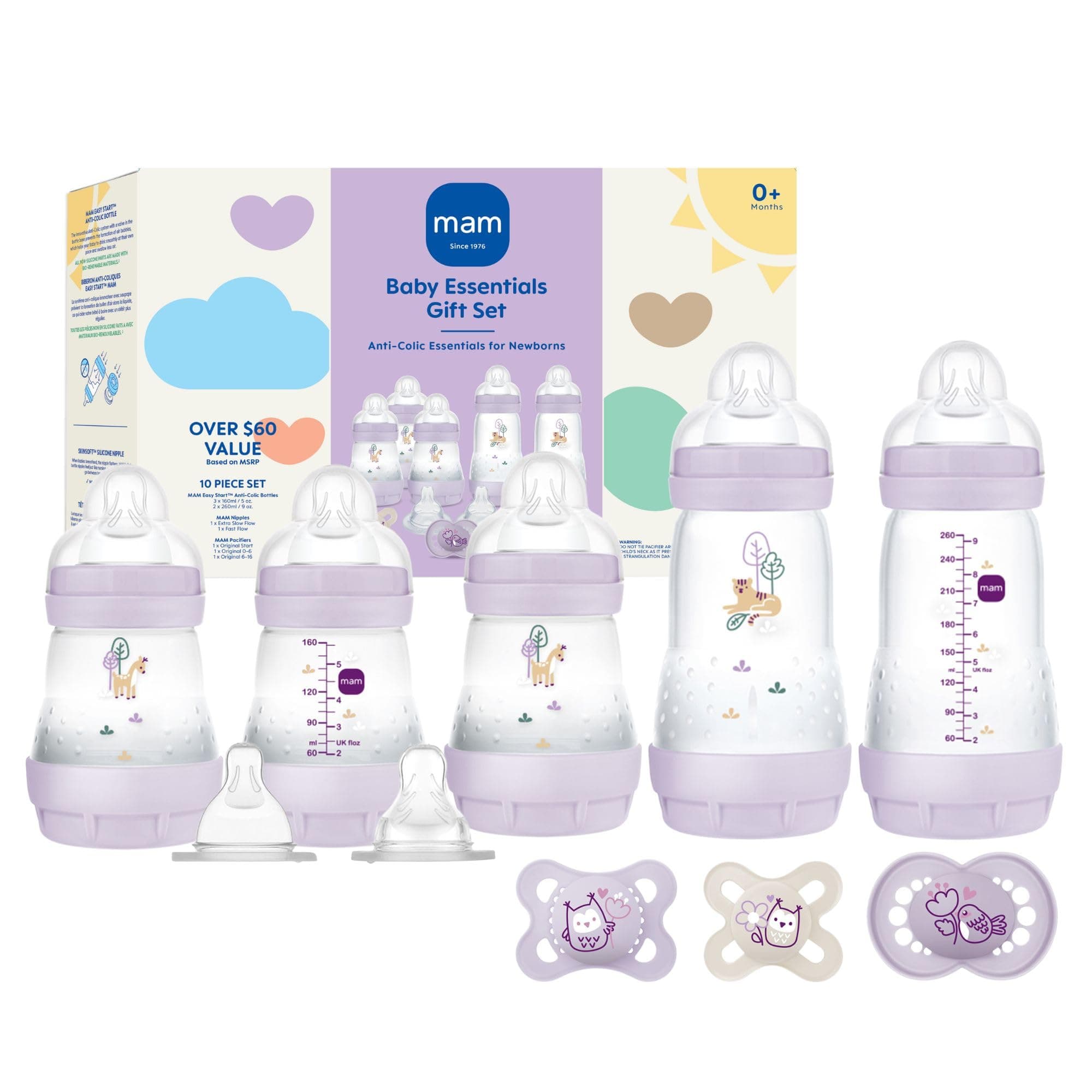 Newborn Essentials "Baby Essentials" Matte Gift Set (9-Piece), Easy Start Anti-Colic Baby Bottles, Baby Pacifiers, Girl