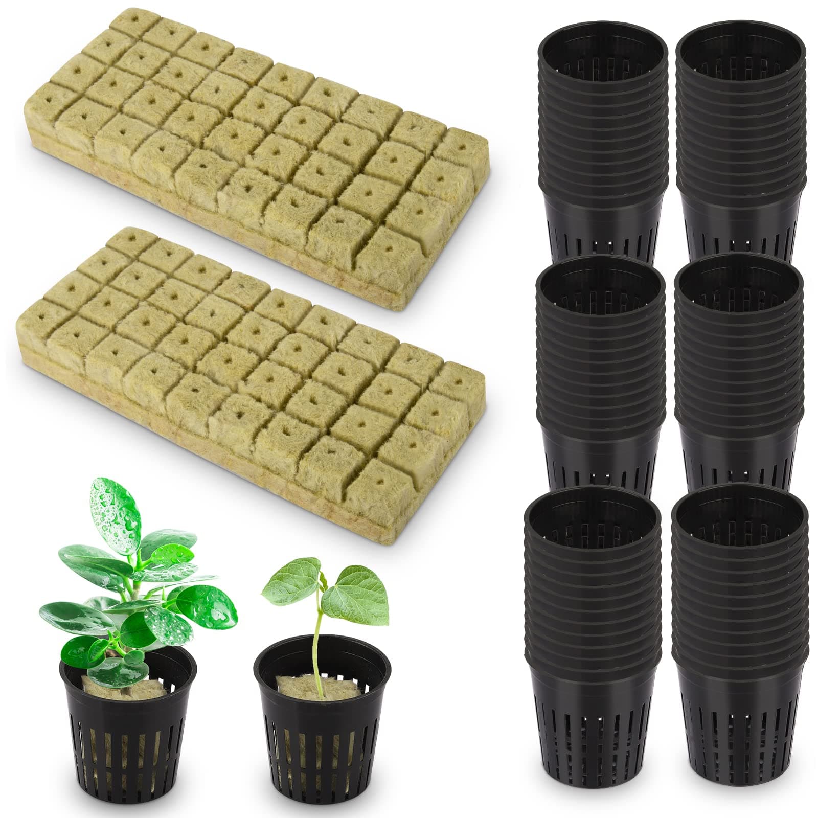 Reeooue 72 Sets Rockwool Cubes and Net Pots, 1.2 * 1.2 * 1.5 inch Rock Wool 72 Plugs & 72-Pack 2inch Net Cups for Hydroponics Growing Systemm, Garden Tower Supplies