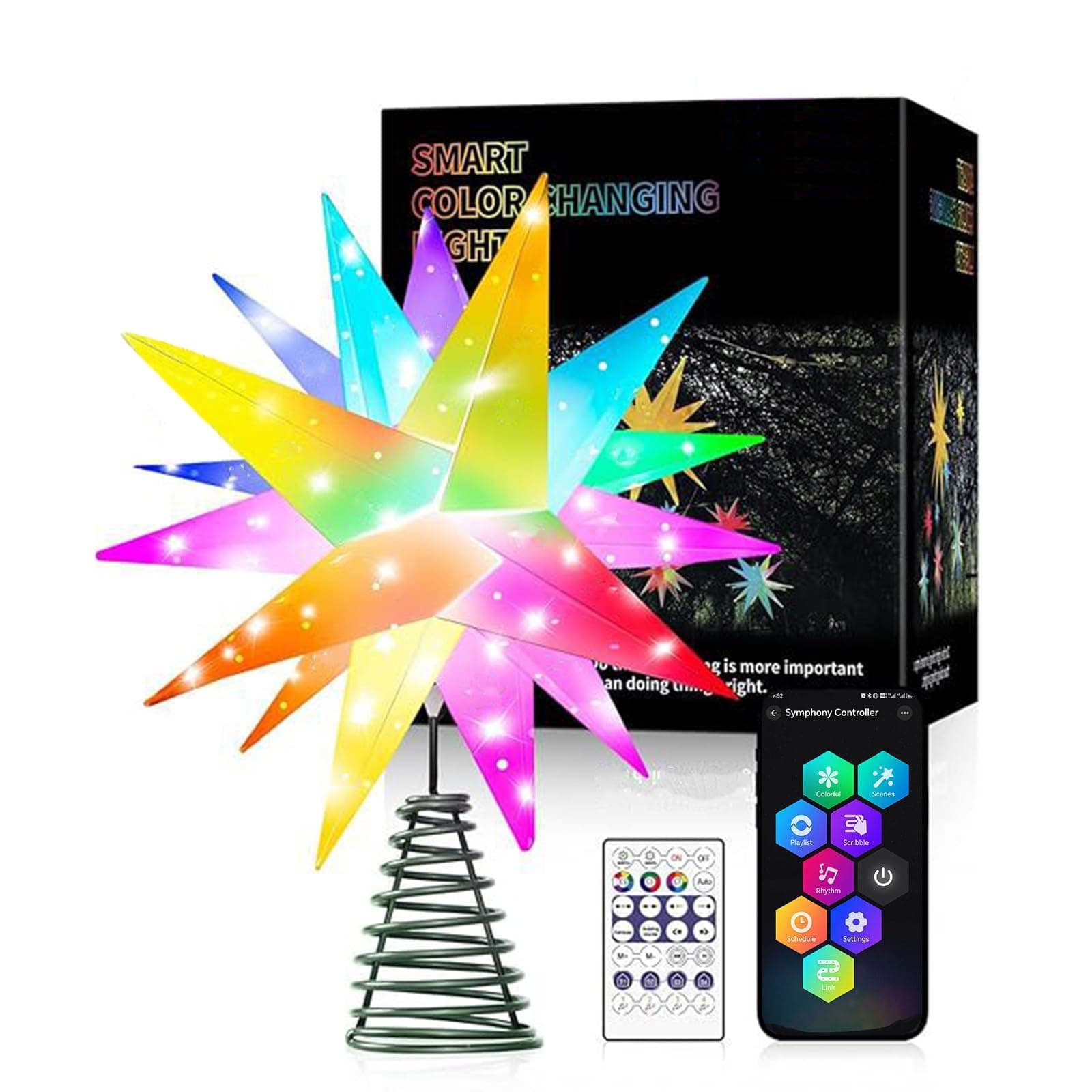 Christmas Tree Decorations, Smart Christmas Star Tree Topper, Bluetooth App Control Music Sync Color Changing LED Christmas Light for Christmas Tree, Porch, Bedroom, Garden, Patios (A 9.8in)
