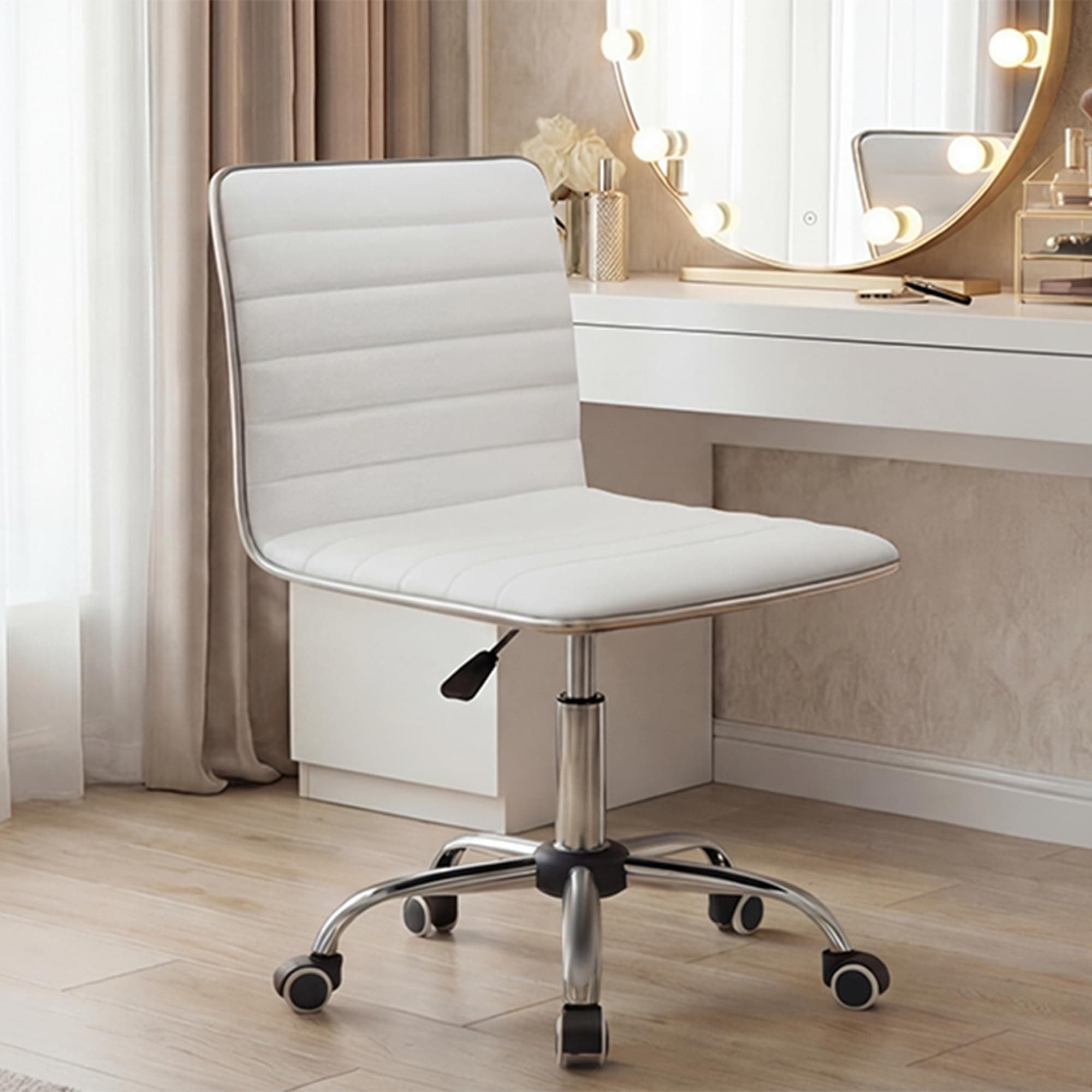Furmax Mid Back Task Chair,Low Back Leather Swivel Office Chair,Computer Desk Chair Retro with Armless Ribbed (White)