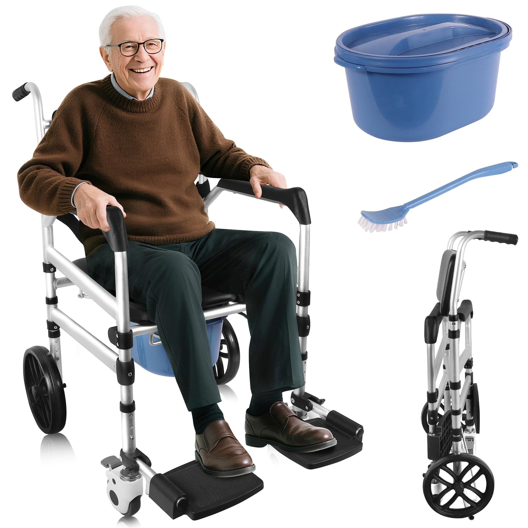 Rustproof Aluminum Frame Holds 400 lbs Smooth 360 Wheels with Locks for Safe Shower Chair Commode Transfer Aid for Senior Sturdy Rolling Height Adjustable Alloy Bathing Seat Bathroom Toilet Wheelchair